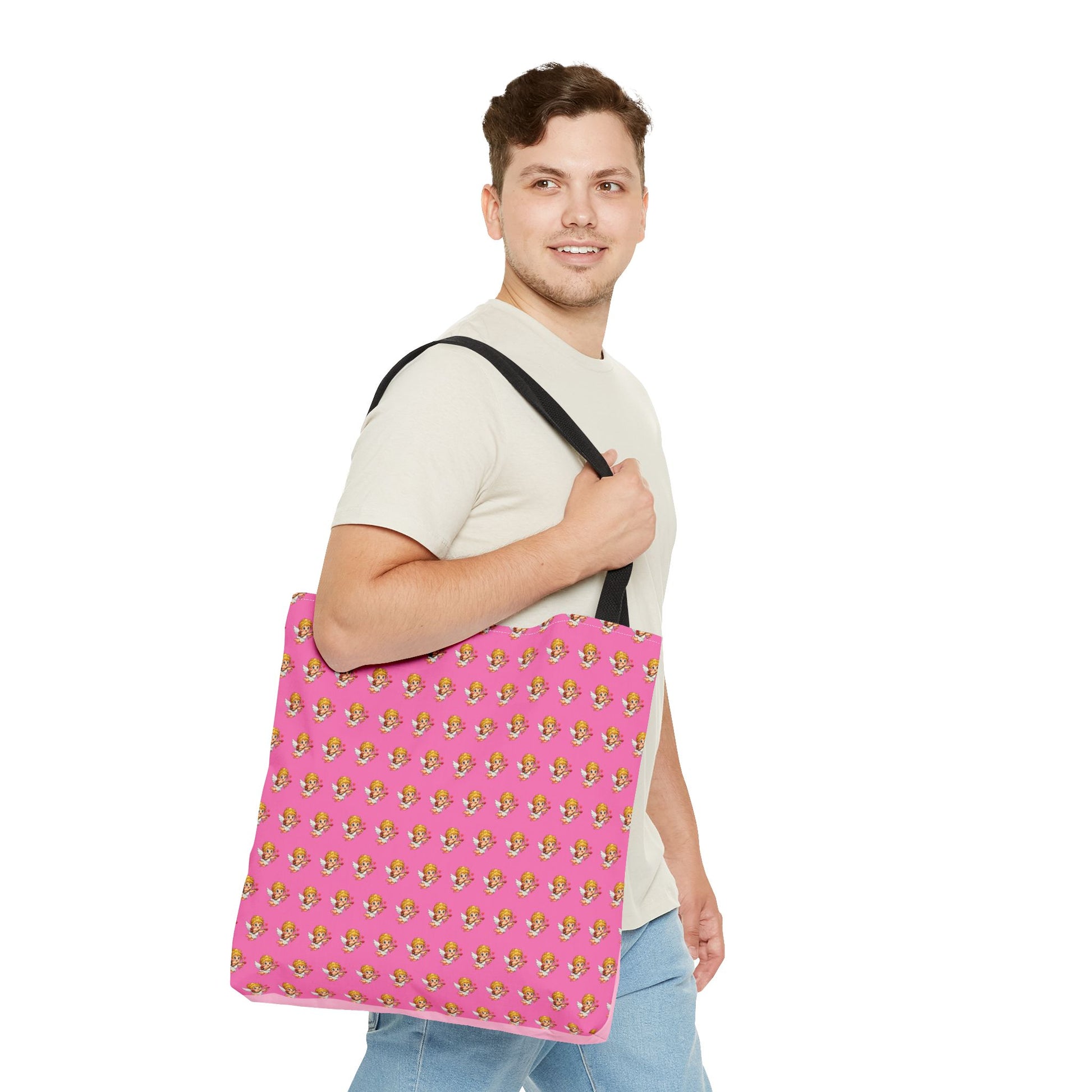 Cupid Tote Bag worn over shoulder to show real life scale and fit