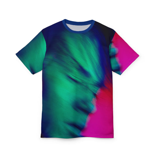 Front view of Acid Dream Unisex T-shirt with neon green, pink, and blue acid-style print inspired by 80’s and 90’s video graphics