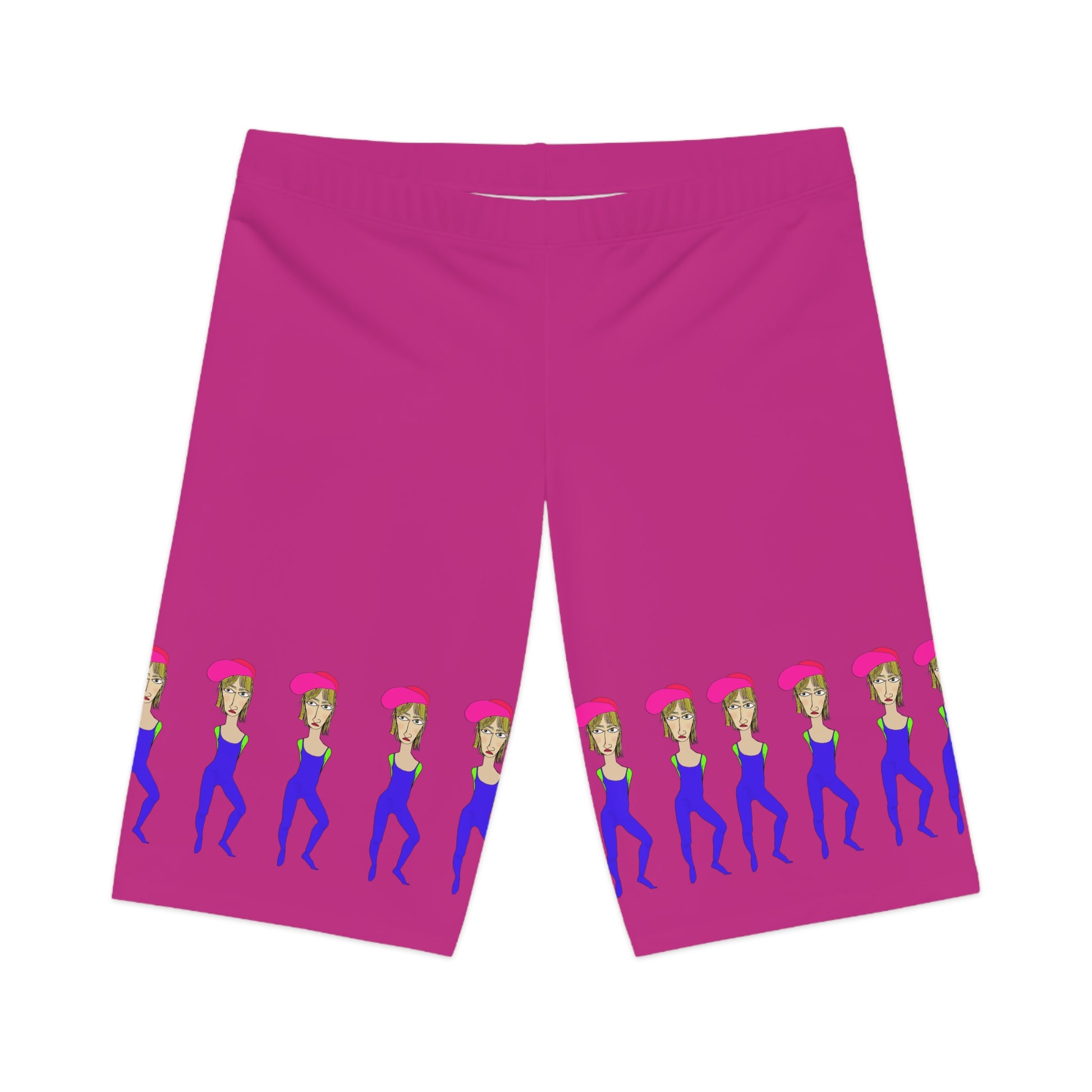 Flat lay of Cody High Waisted Yoga Shorts front side, pink with printed design