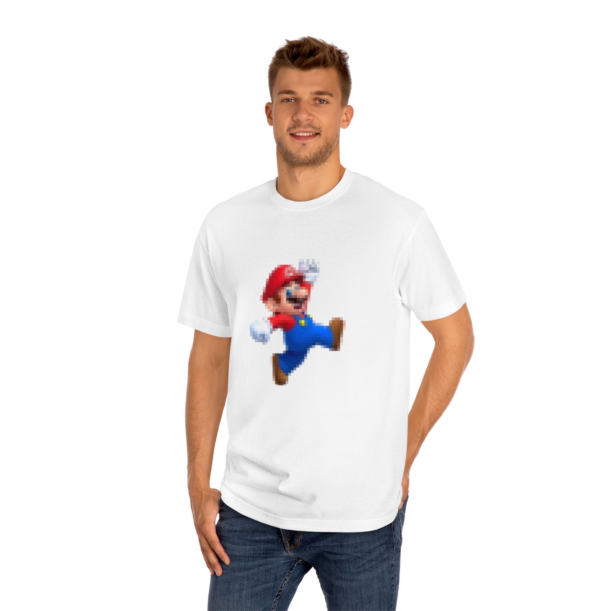 Male model wearing Brooklyn Plumber retro gaming graphic t-shirt lifestyle product photo