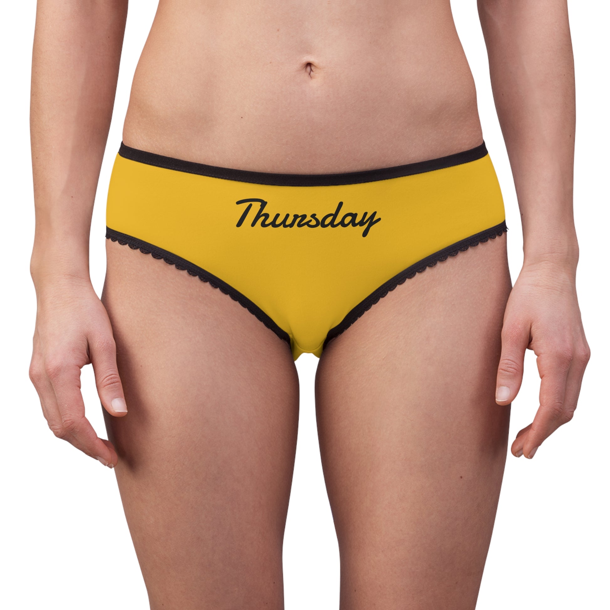 woman wearing thursday underwear yellow briefs black trim front view