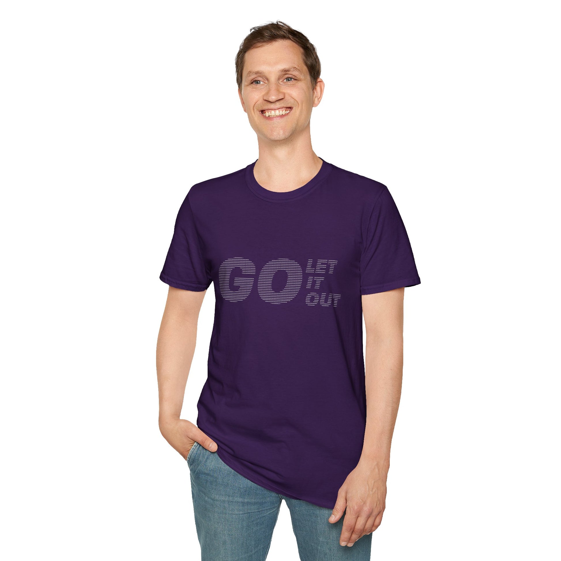 Woman standing in purple Oasis Go Let It Out stencil t-shirt, hands in pockets.