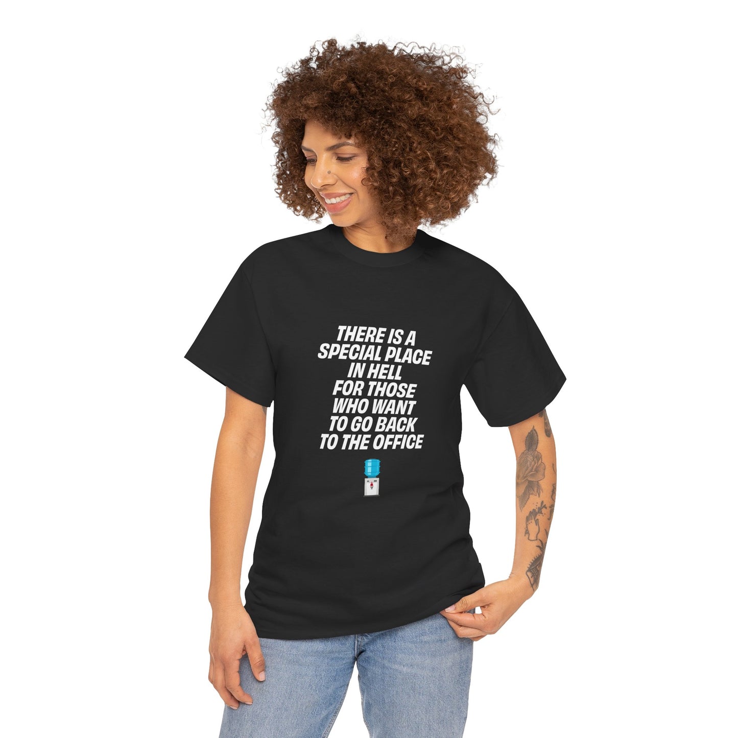 Woman wearing a black t-shirt with a humorous office-themed message on a white background