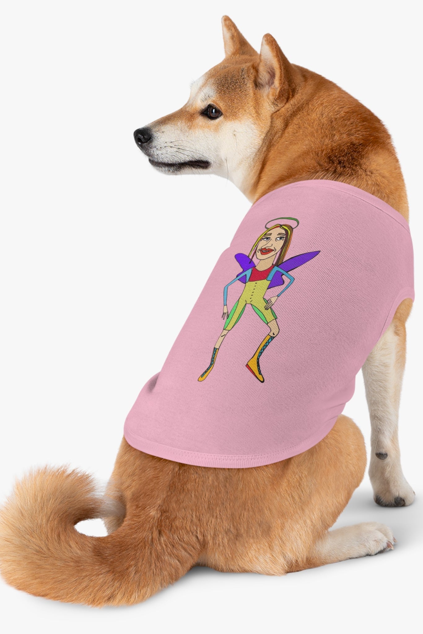 Dog wearing pink angelic fairy graphic pet tank top sitting side view