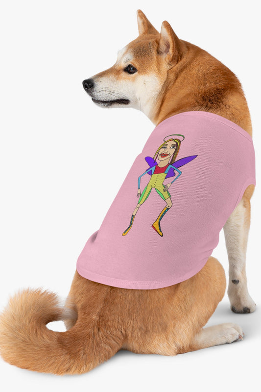 Dog wearing pink angelic fairy graphic pet tank top sitting side view