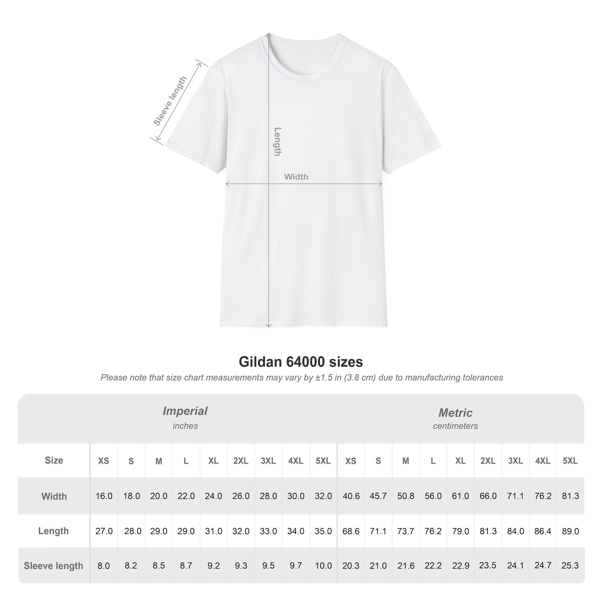 White Oasis Go Let It Out stencil t-shirt with size chart below.