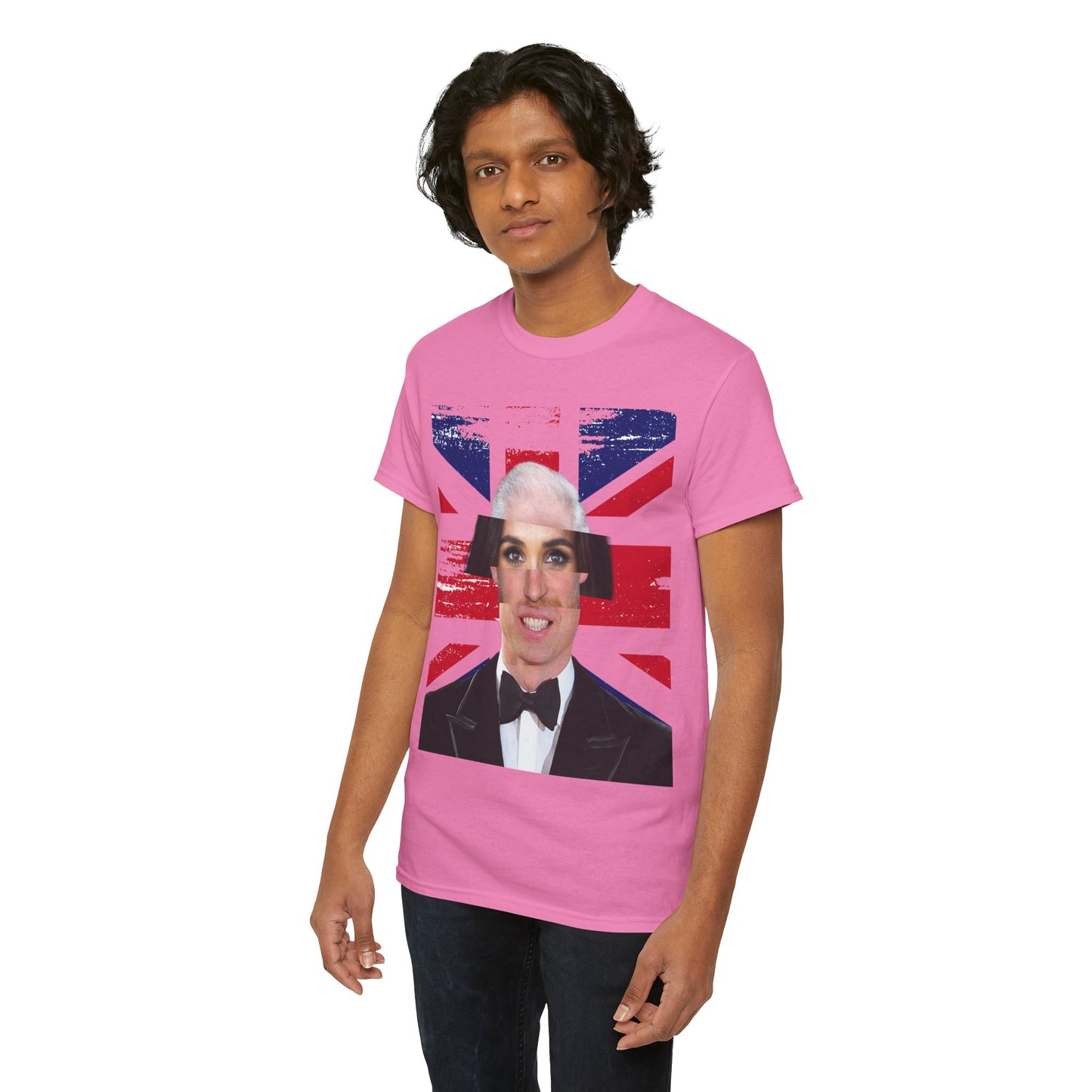 Man wearing pink Royal Frankenstein T-shirt front view