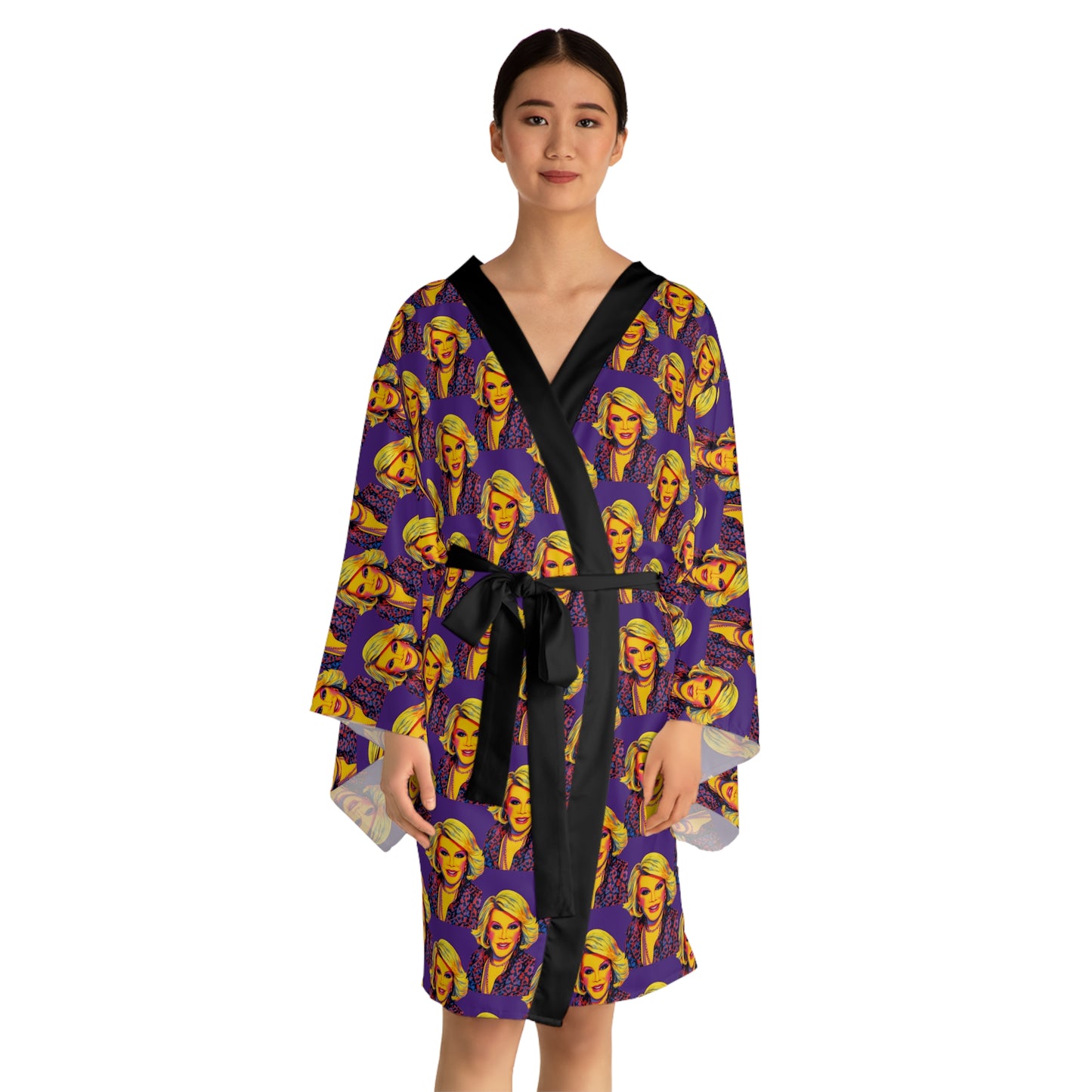 Front view of woman wearing Joan Forever kimono robe with long sleeves and silky fabric drape.