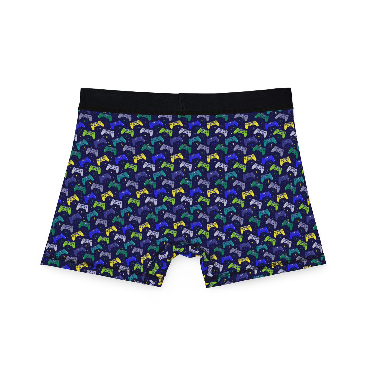 Flat lay back view of Gamer Men’s Boxers with retro controller print on dark background.