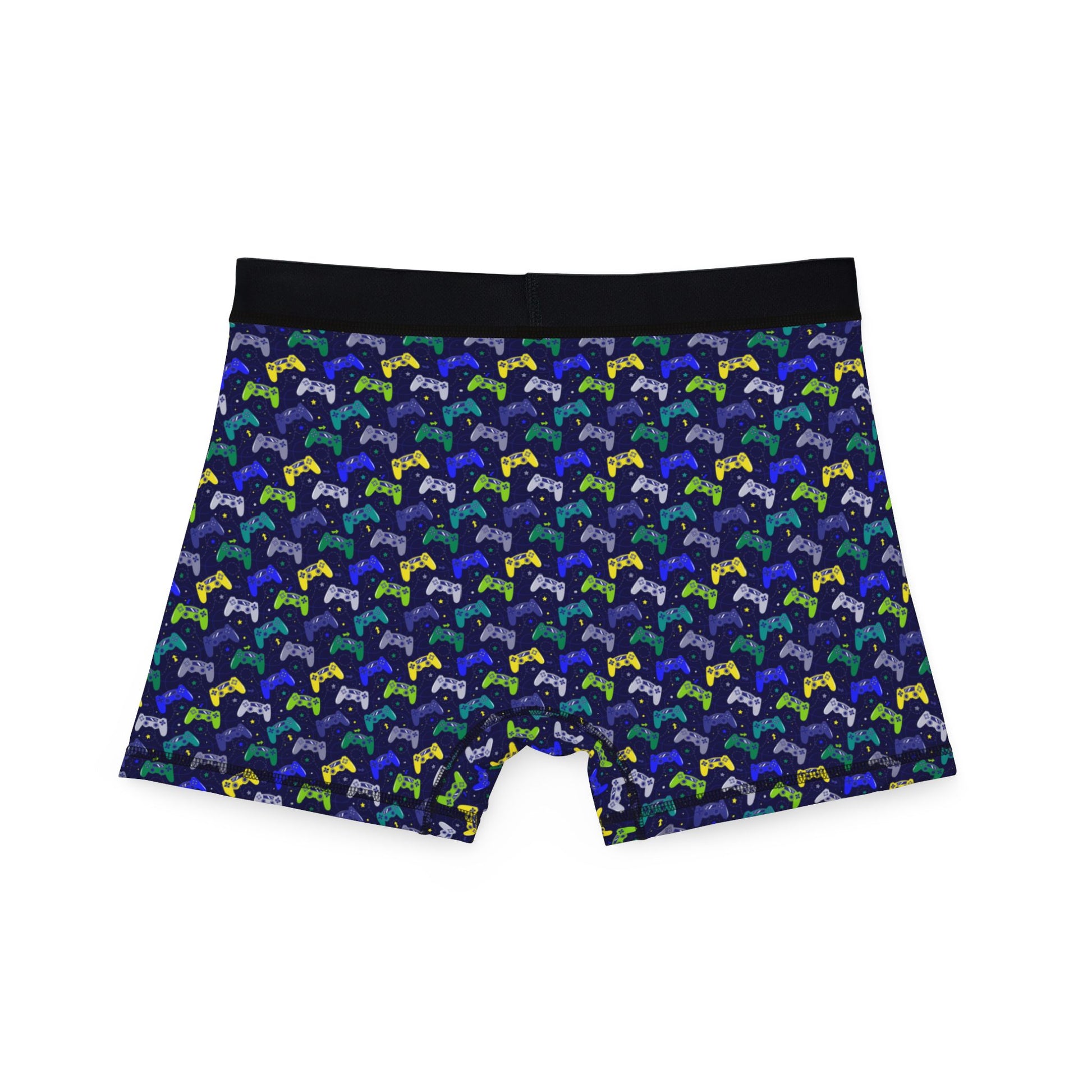 Flat lay back view of Gamer Men’s Boxers with retro controller print on dark background.