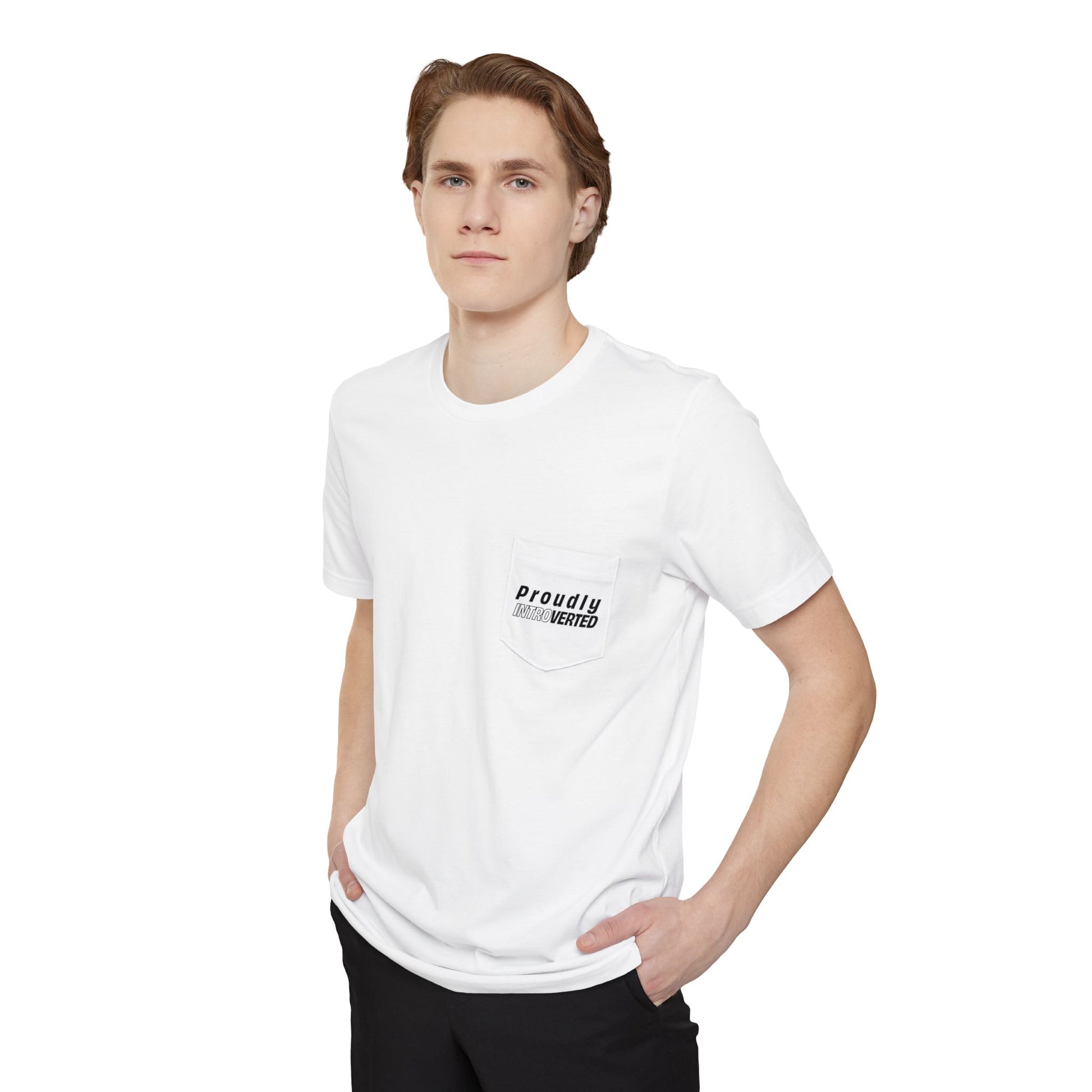 Man posing in Proudly Introverted Pocket T-Shirt with hands in pockets