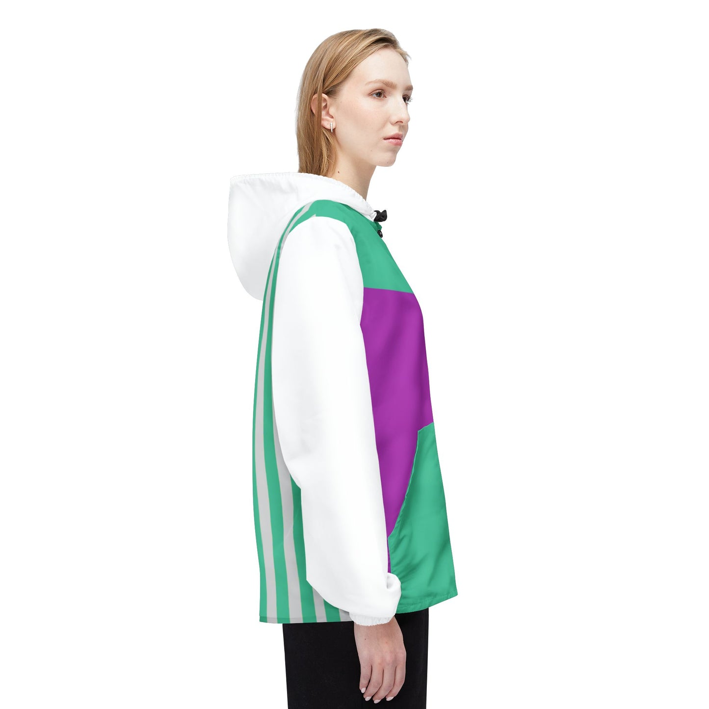 Female model side view of Retro Pink & Green Windbreaker Jacket showing pink and green block pattern.