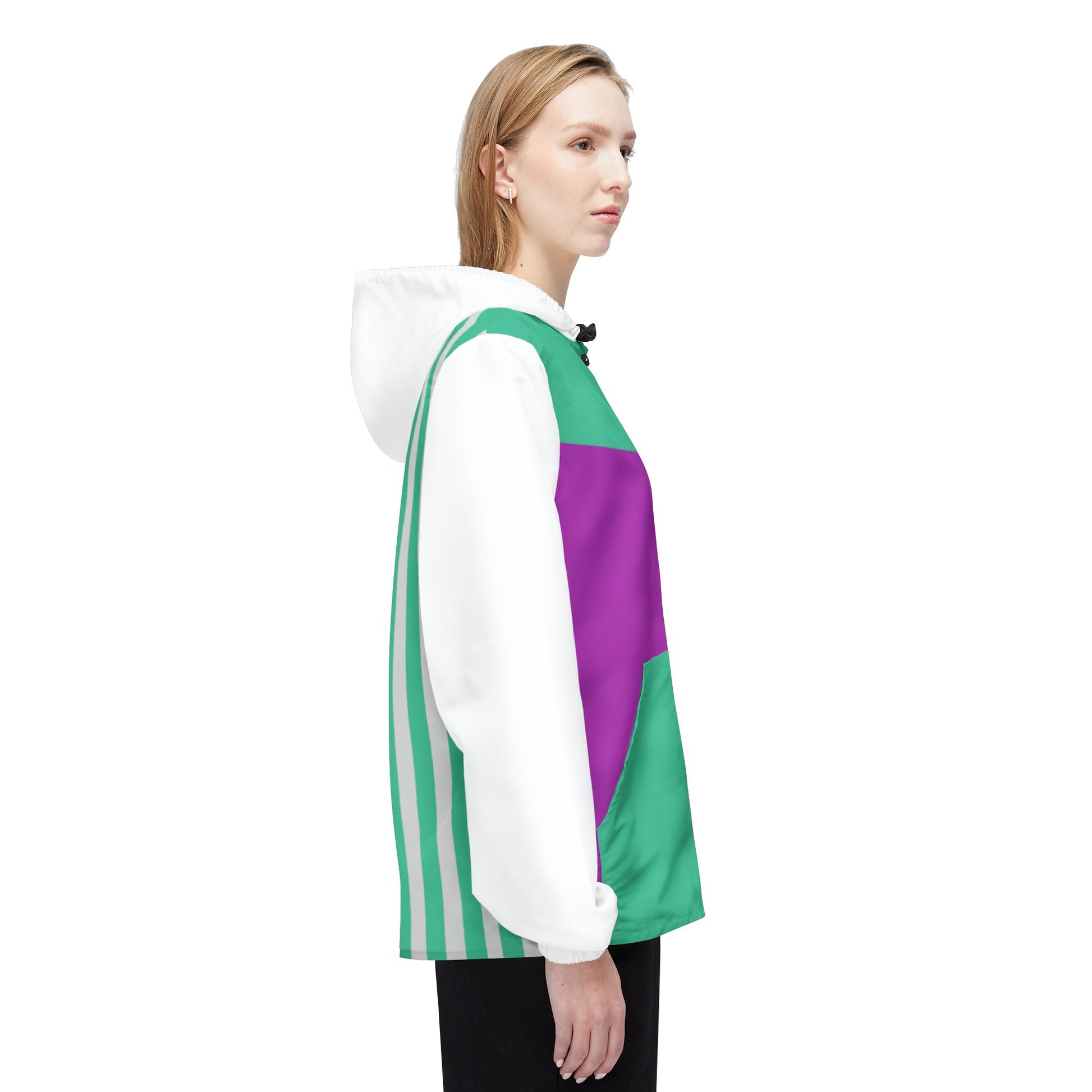Female model side view of Retro Pink & Green Windbreaker Jacket showing pink and green block pattern.