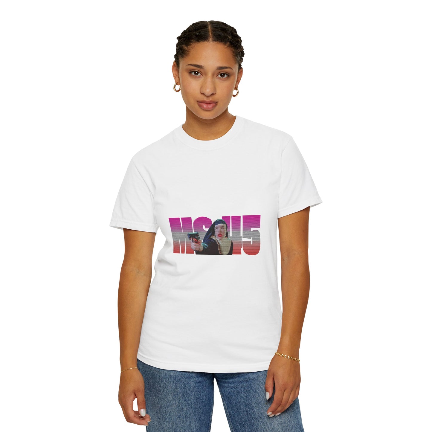 Woman wearing white Ms.45 T-Shirt with movie-inspired print