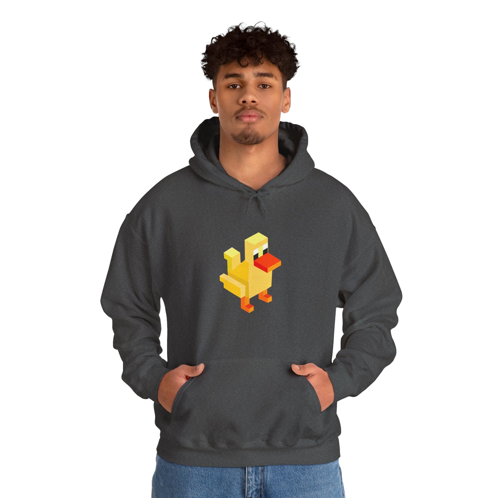 Man wearing charcoal pixel duck hoodie, modern gamer streetwear retro gaming sweatshirt