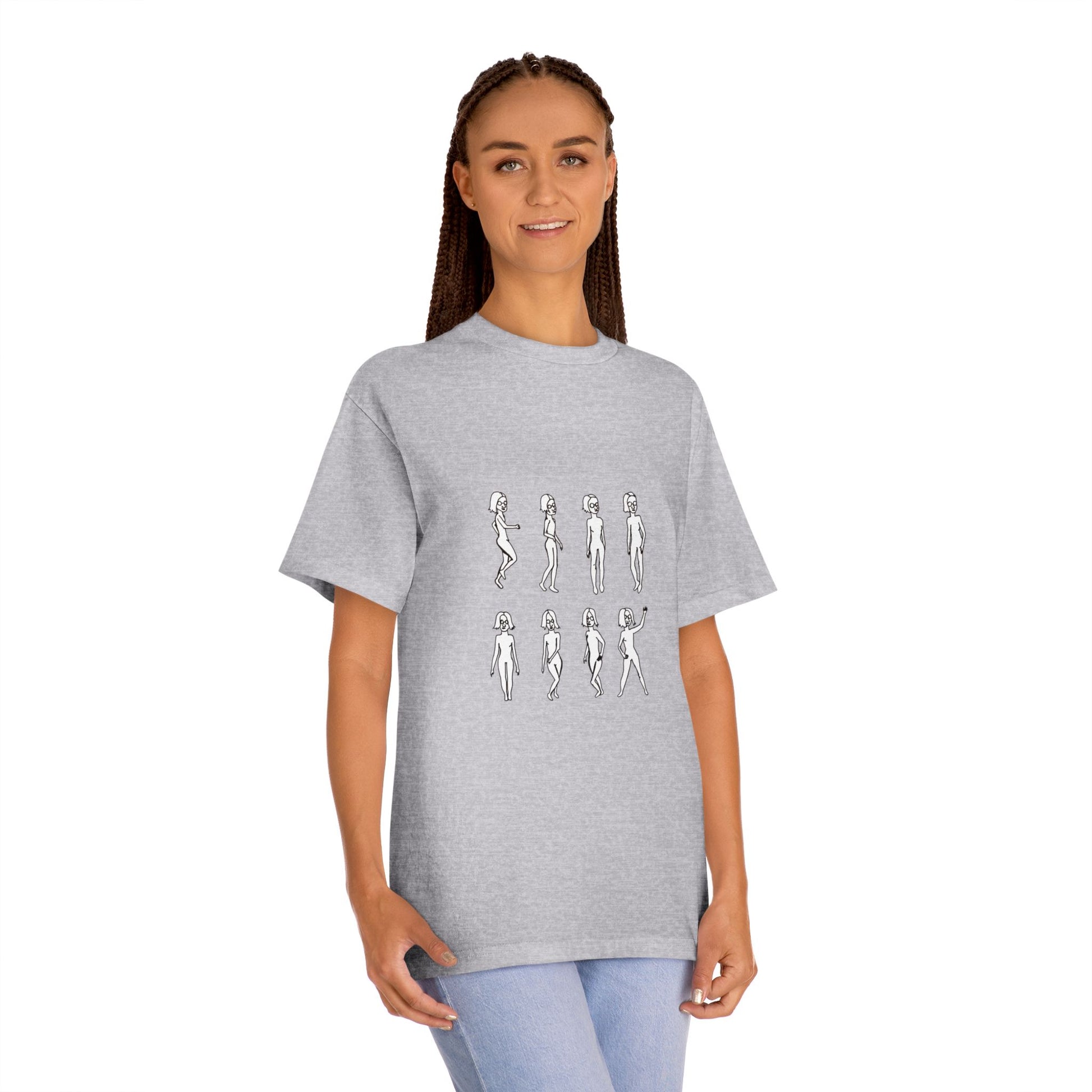 Woman wearing Running Out Unisex T-Shirt in athletic heather gray with original design on the front