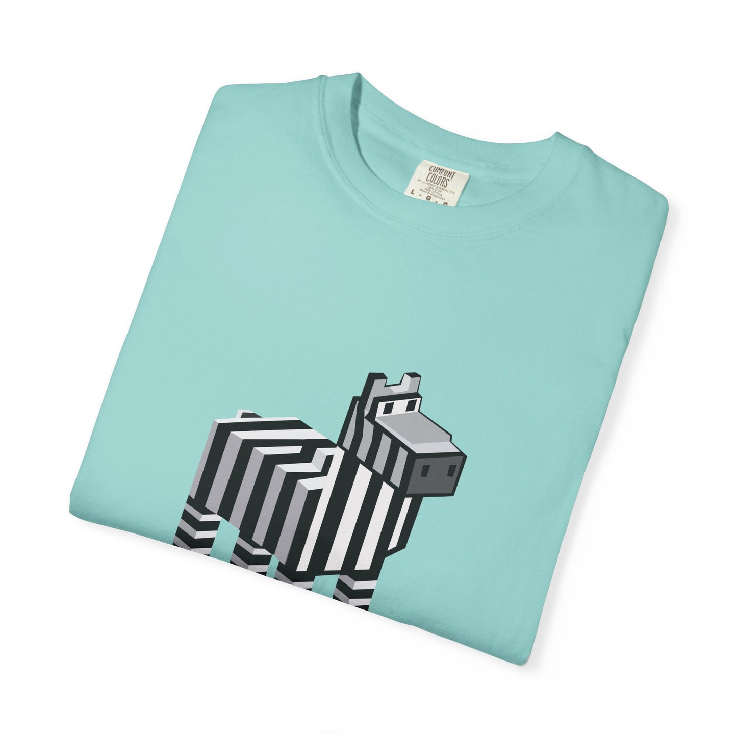 Unisex Pixel Zebra T-Shirt folded flat in light blue with pixel zebra design