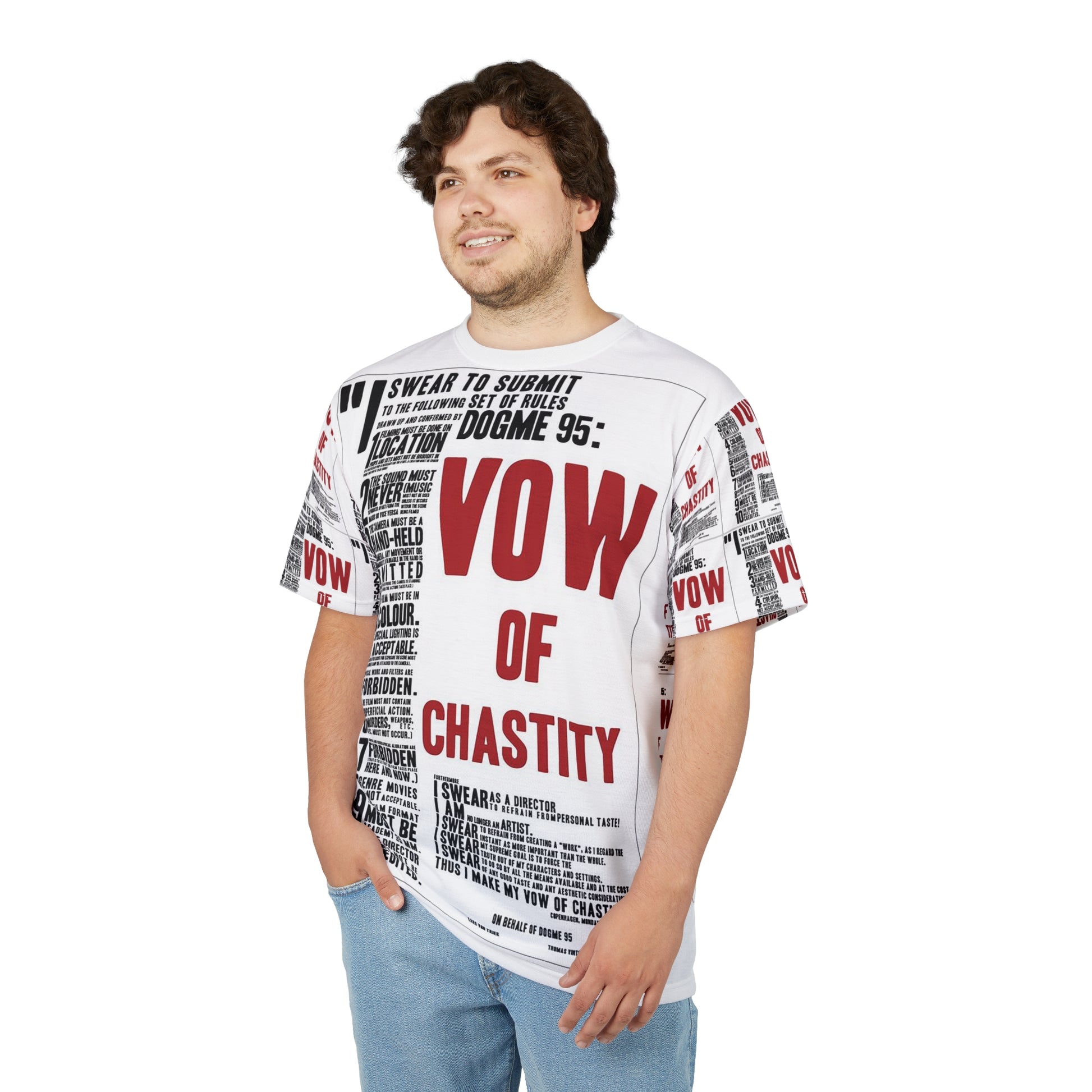 Male model wearing Dogma 95 Unisex T-shirt with front print visible, styled casually with jeans.