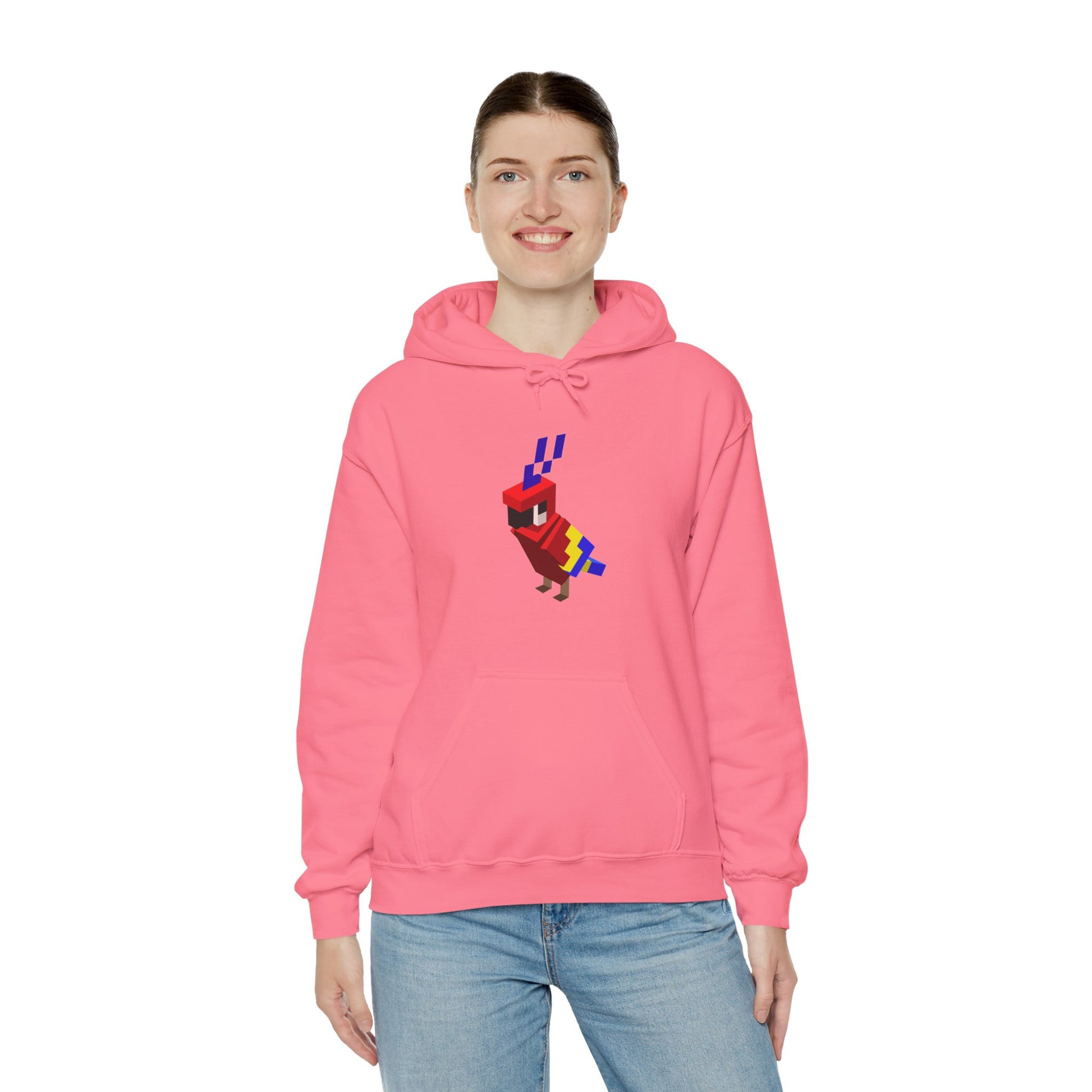 Arcade Parrot Hooded Sweatshirt – Retro Gaming Hoodie worn by model in pink
