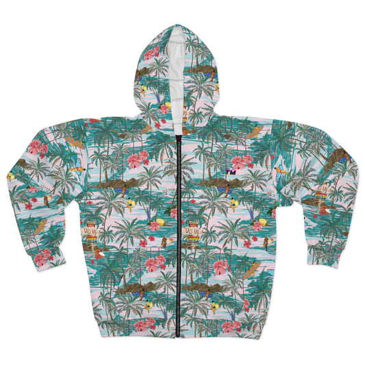 Hawaiian Zip Hoodie laid flat front view with tropical floral print.