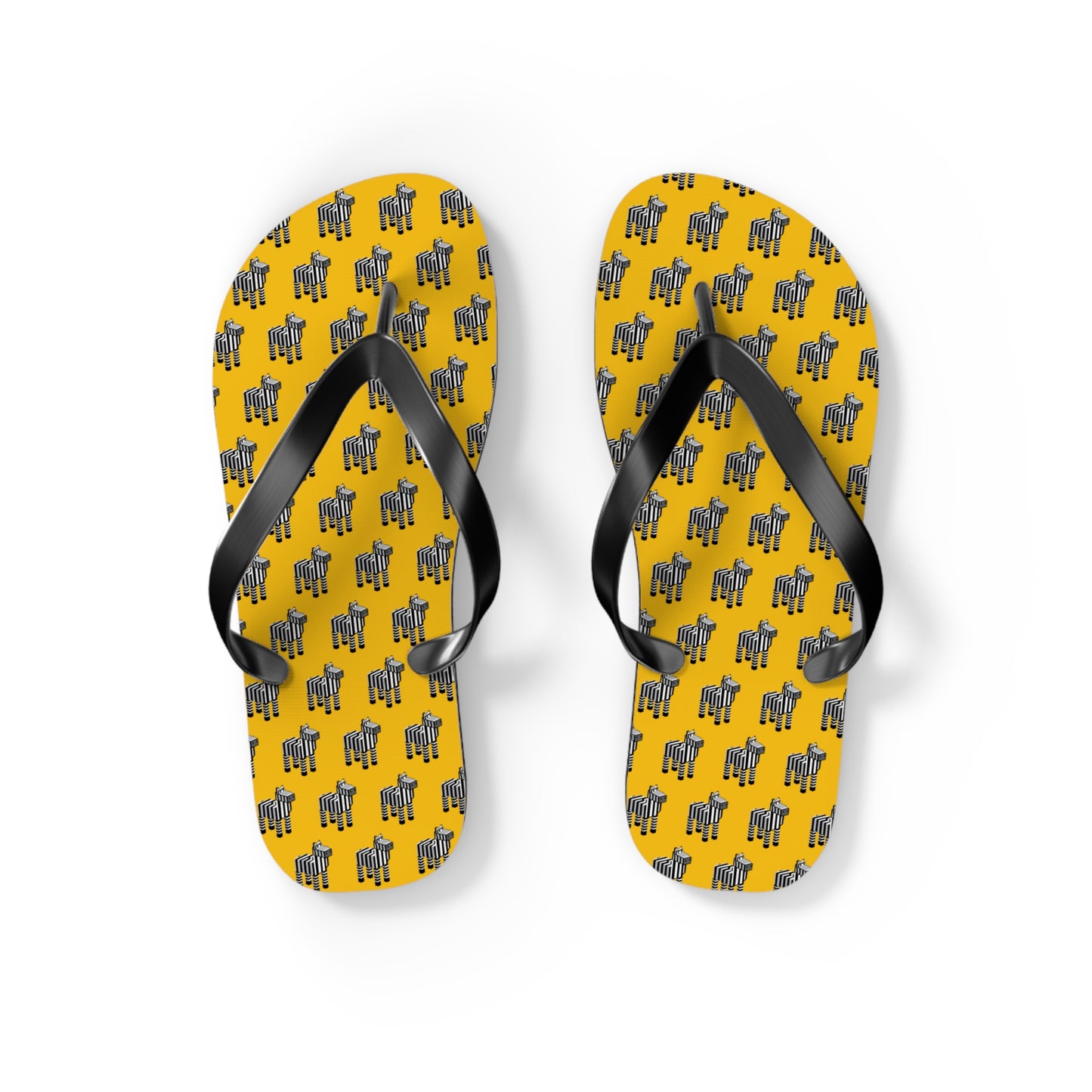 Arcade Zebra Flip Flops with 8-bit zebra pixel pattern on wooden floor flat lay
