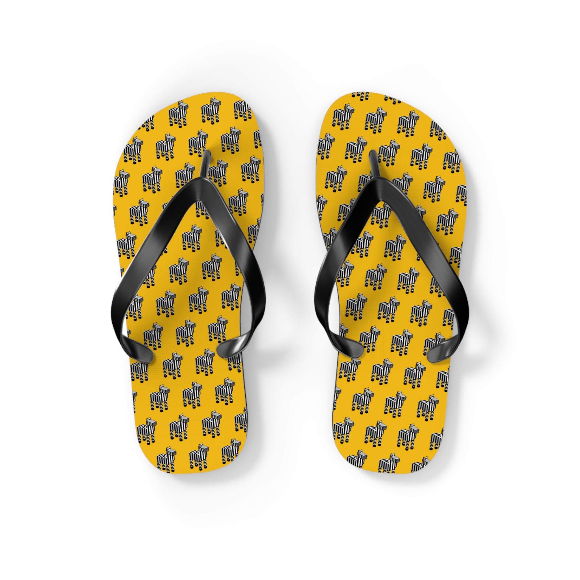 Arcade Zebra Flip Flops with 8-bit zebra pixel pattern on wooden floor flat lay