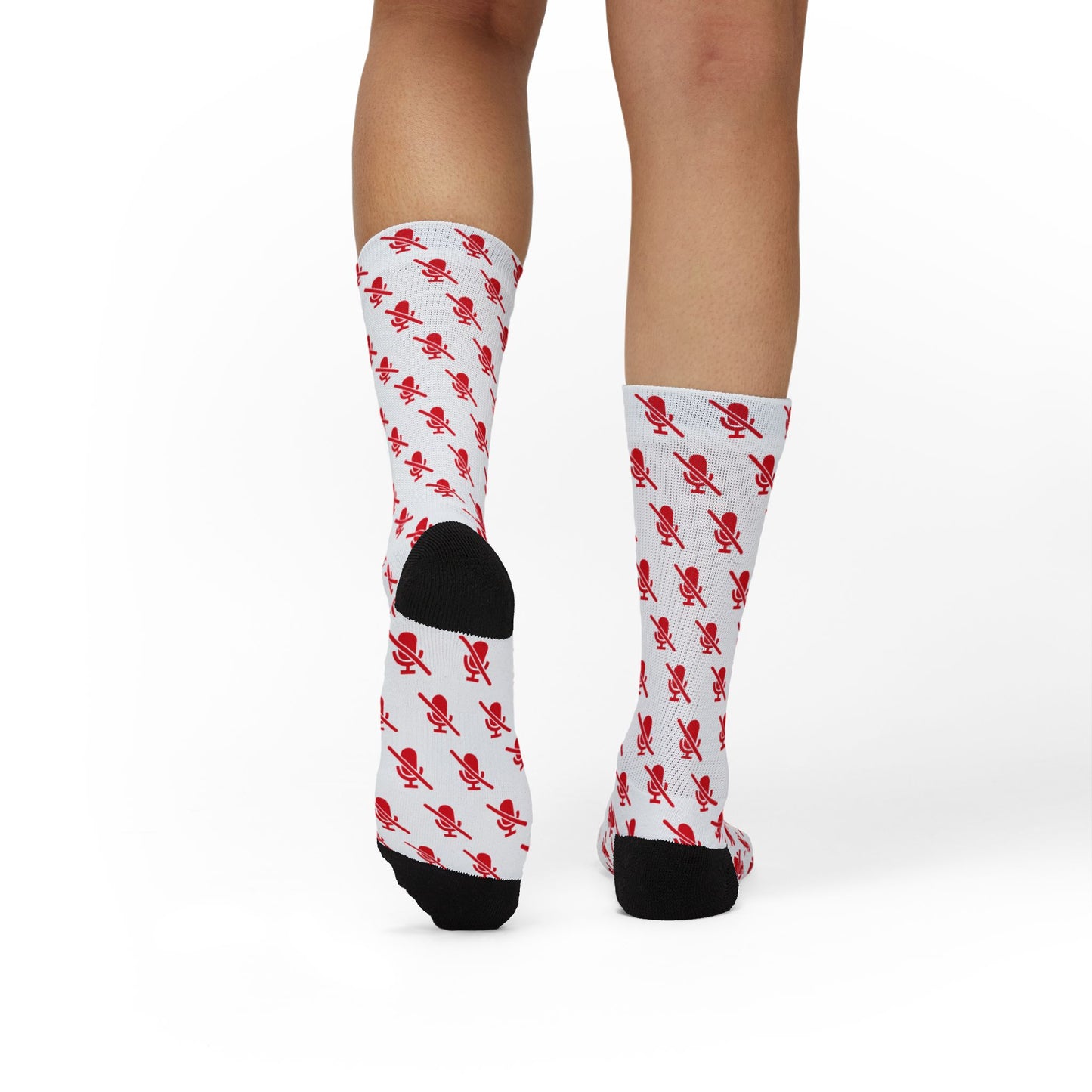 mic off crew socks white with red pattern back view worn model