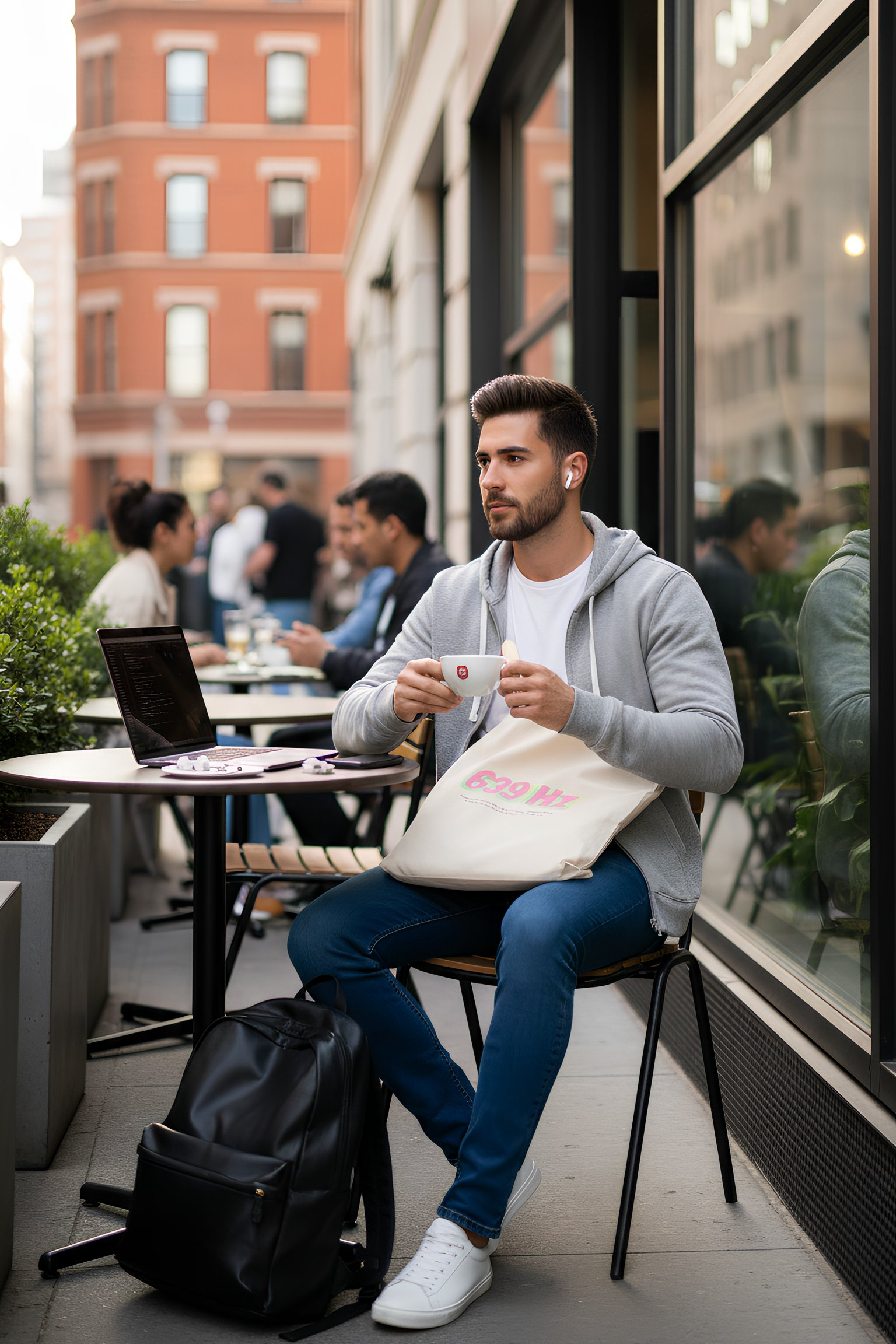 639 Hz Frequency Tote Bag Natural worn by man sitting at café table
