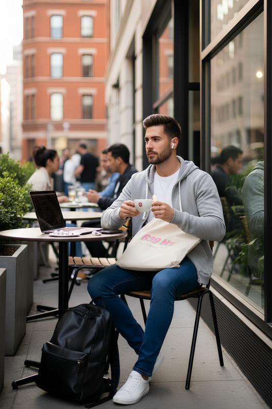 639 Hz Frequency Tote Bag Natural worn by man sitting at café table