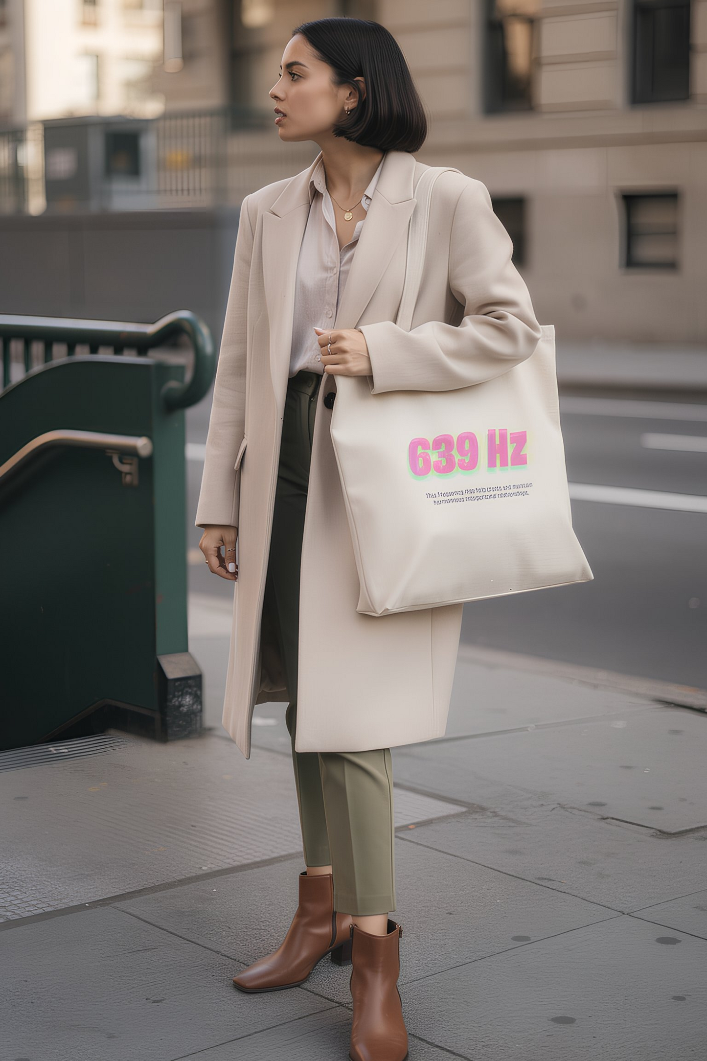 639 Hz Frequency Tote Bag Natural worn by woman walking on city sidewalk