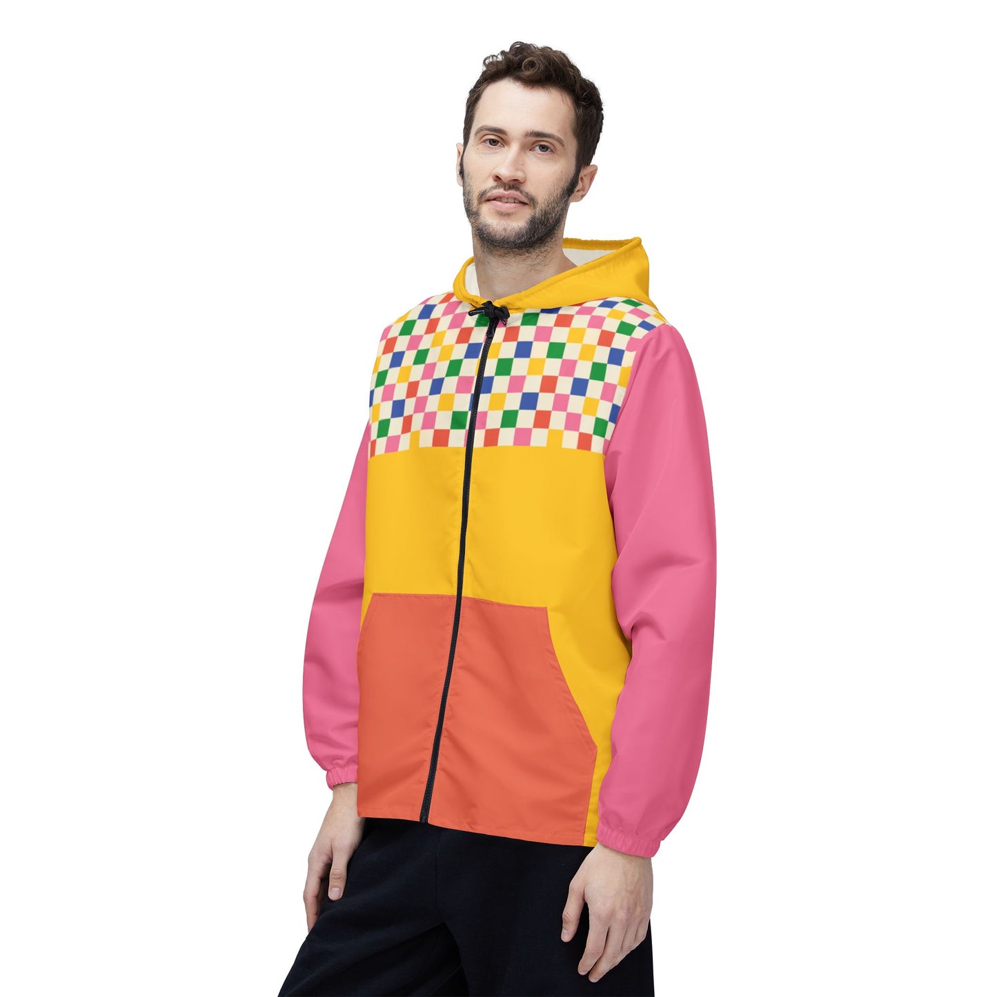 man wearing retro color block windbreaker front view - streetwear skate jacket