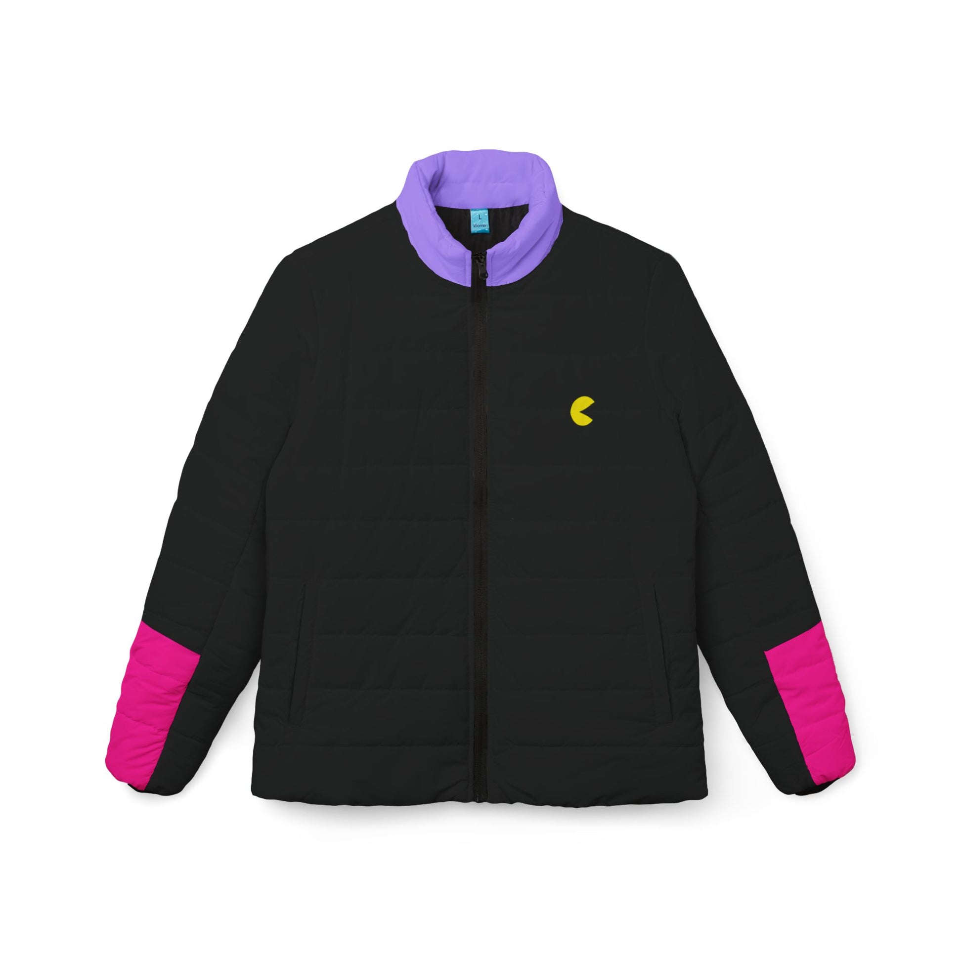Flat lay of Pac-Man women’s black puffer jacket with purple collar and pink sleeve accents