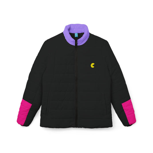 Flat lay of Pac-Man women’s black puffer jacket with purple collar and pink sleeve accents