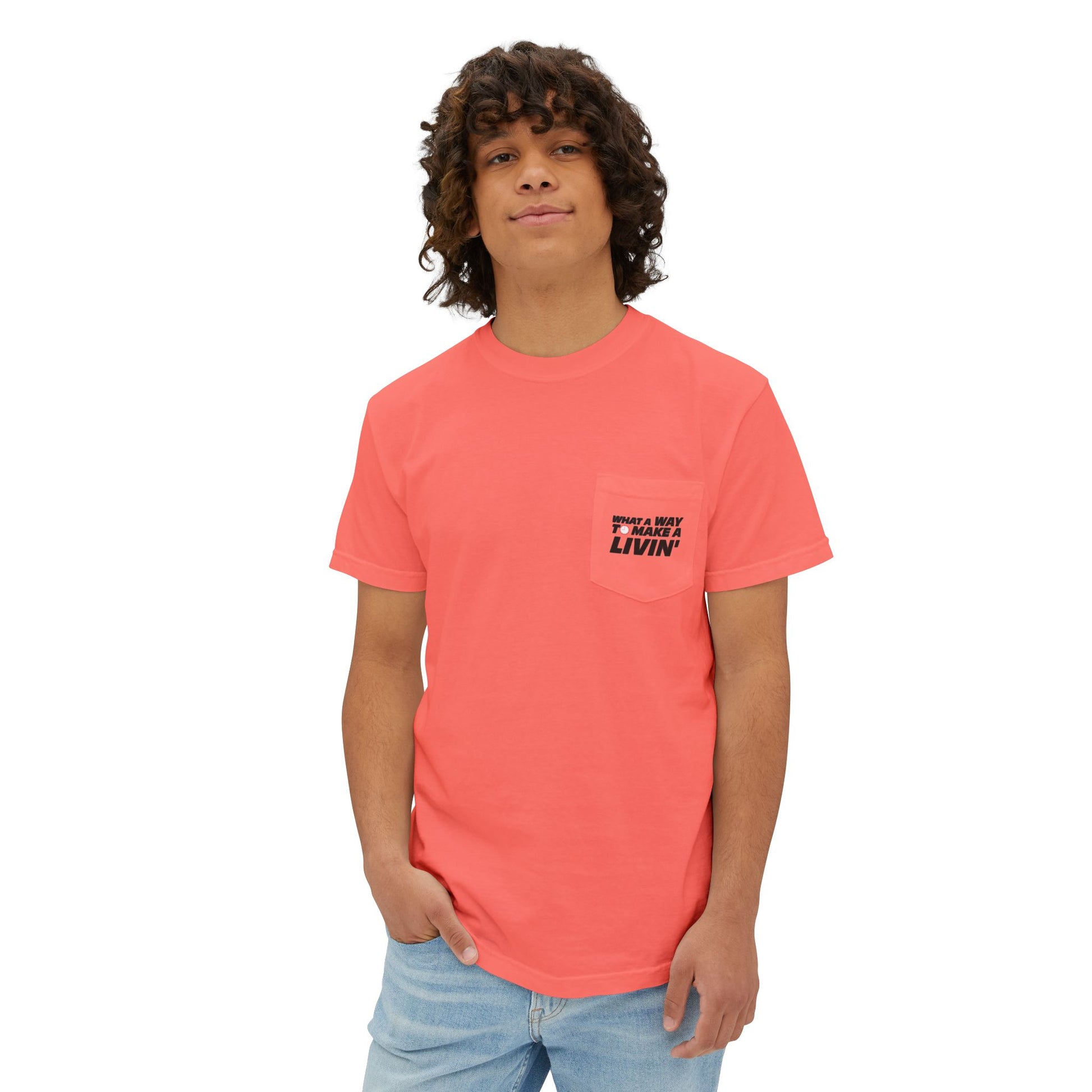 Model wearing Neon Red Orange 9 to 5 pocket t-shirt in studio
