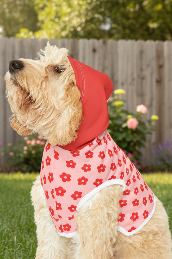 Dog wearing pink and red floral hoodie standing on grass rear view