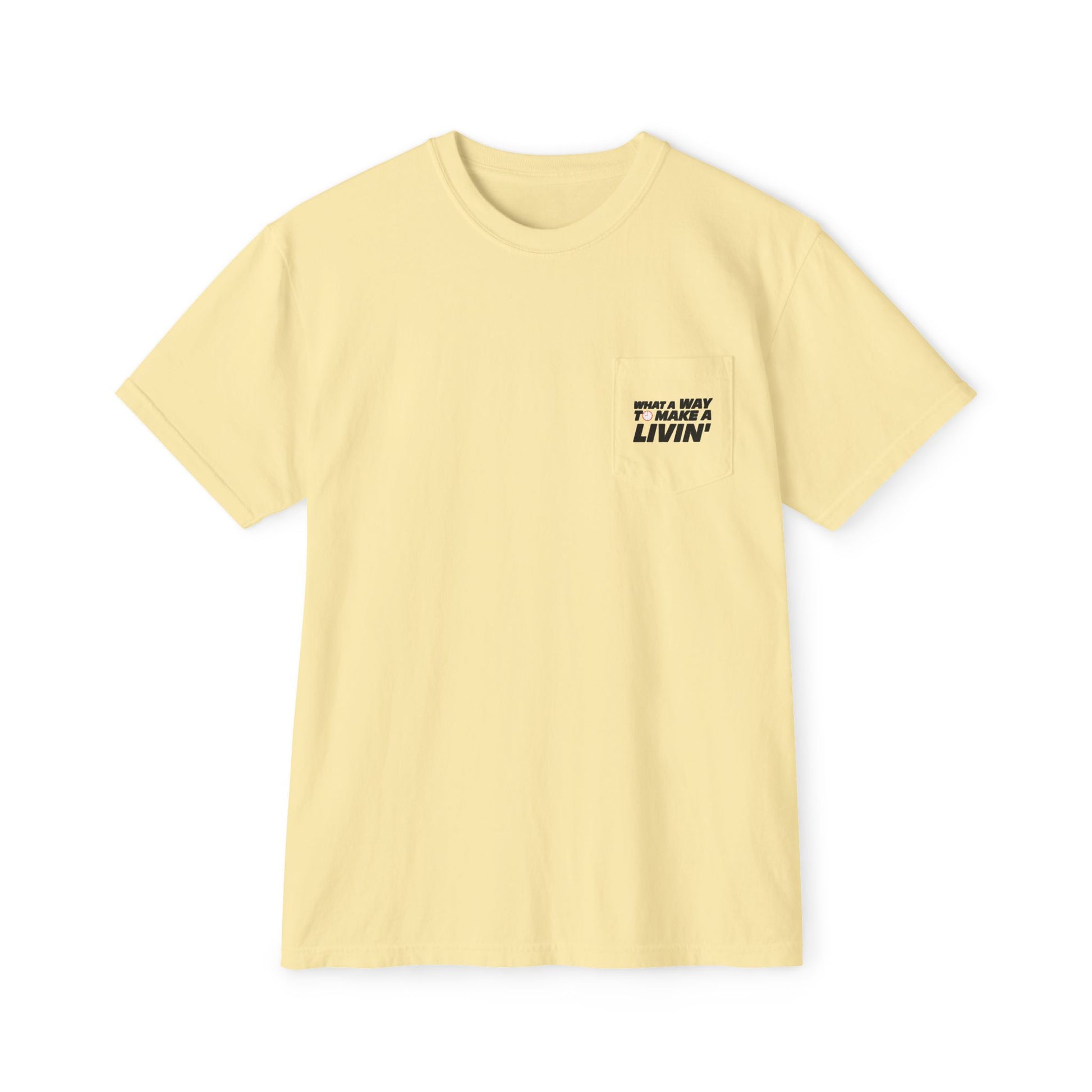 Butter yellow 9 to 5 pocket t-shirt flat lay front view