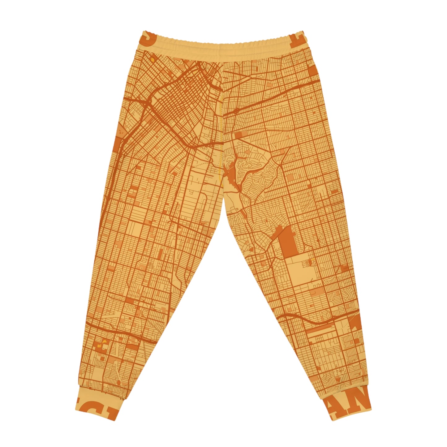 Flat lay of orange Los Angeles map print joggers back view highlighting full map pattern.