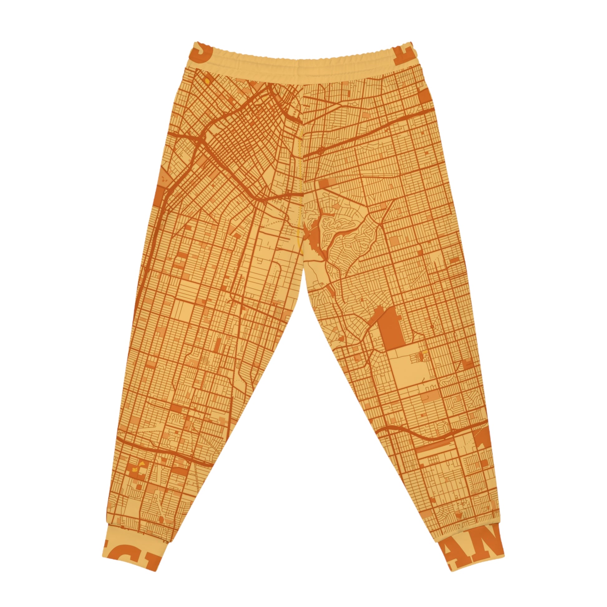Flat lay of orange Los Angeles map print joggers back view highlighting full map pattern.