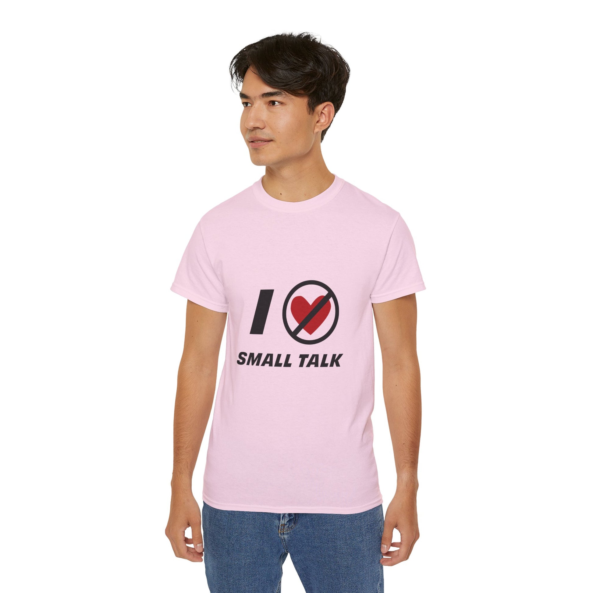 Person wearing a pink t-shirt with a graphic design and text on a white background