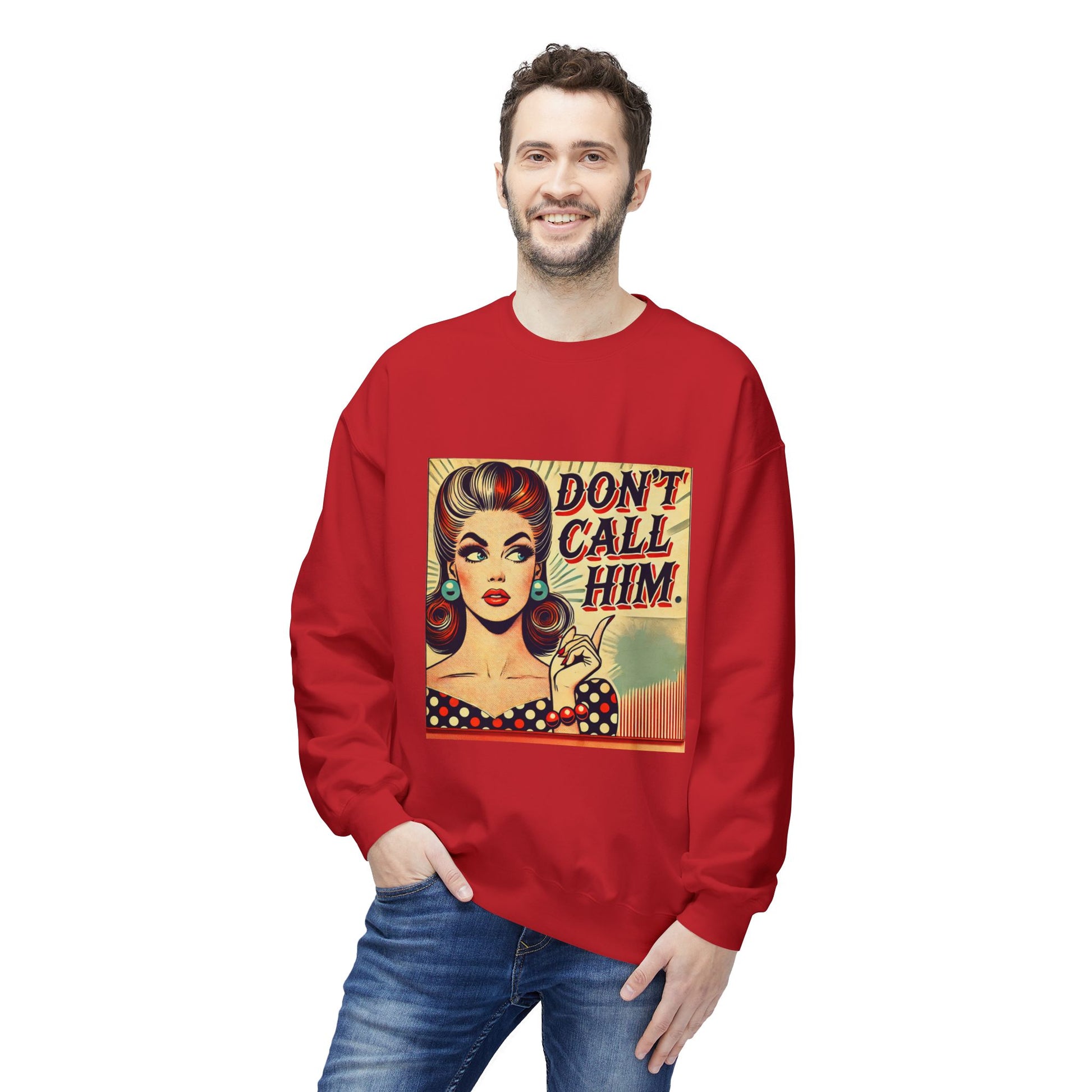 Red Don’t Call Him retro pop art unisex sweatshirt with bold comic style graphic.