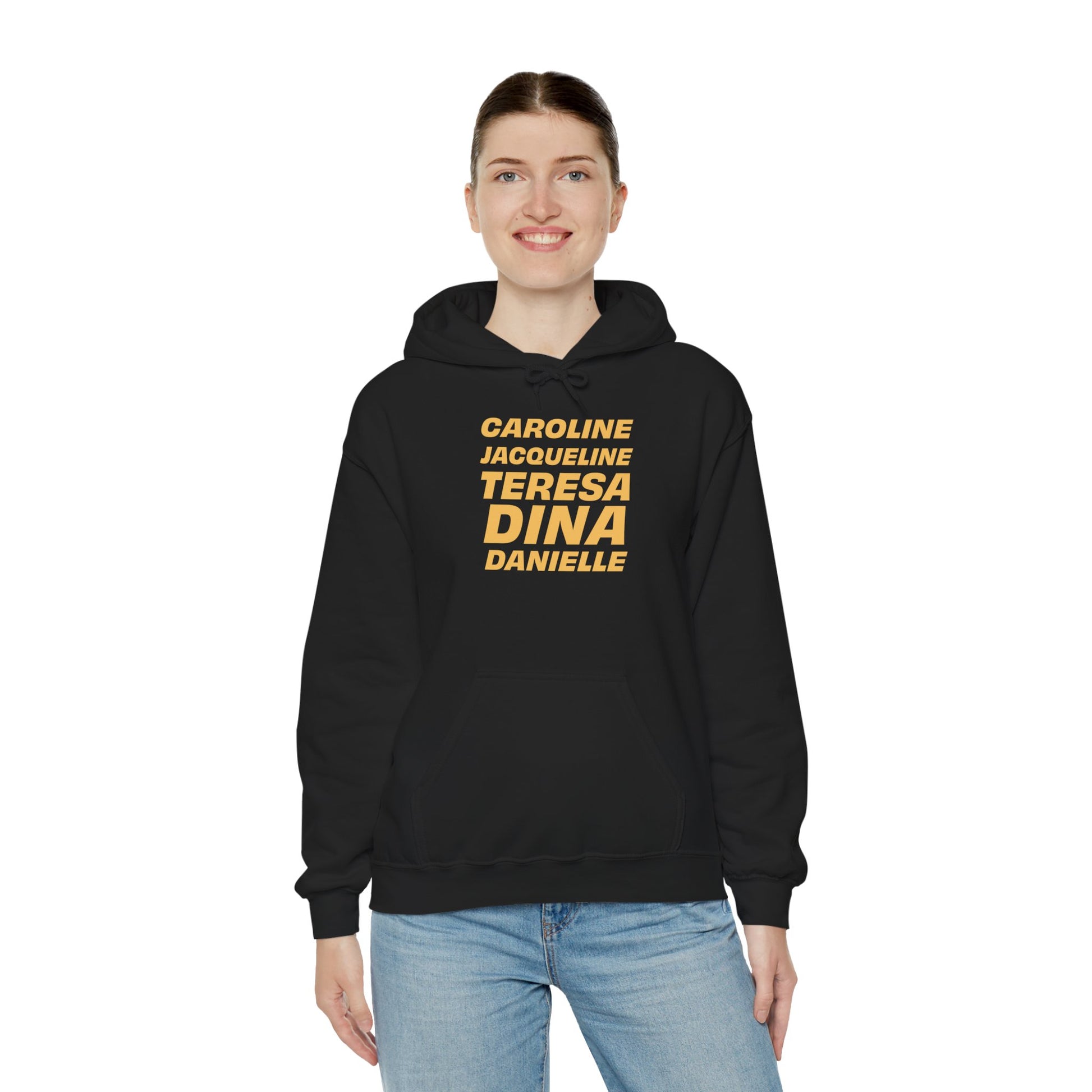 Female model in black OG NJ Housewives Hooded Sweatshirt 