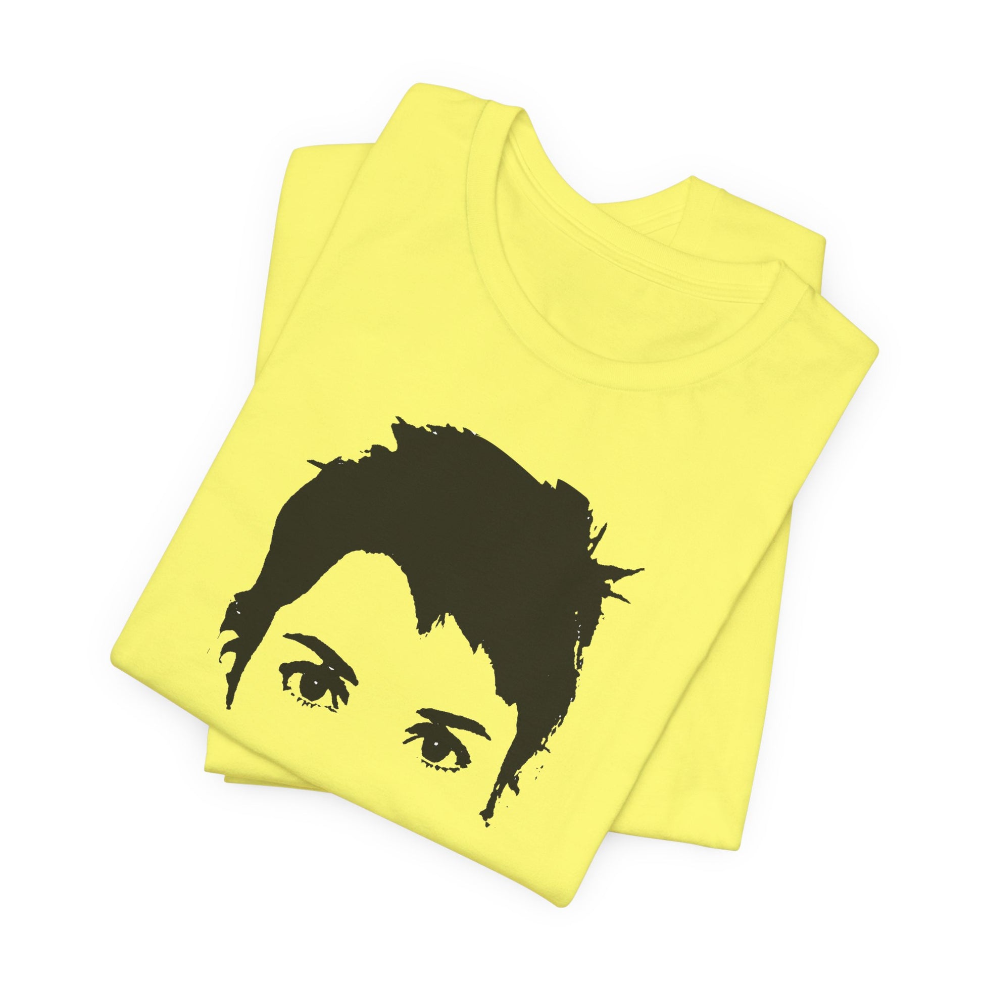 Two folded yellow Winona Forever T-shirts with black portrait design.