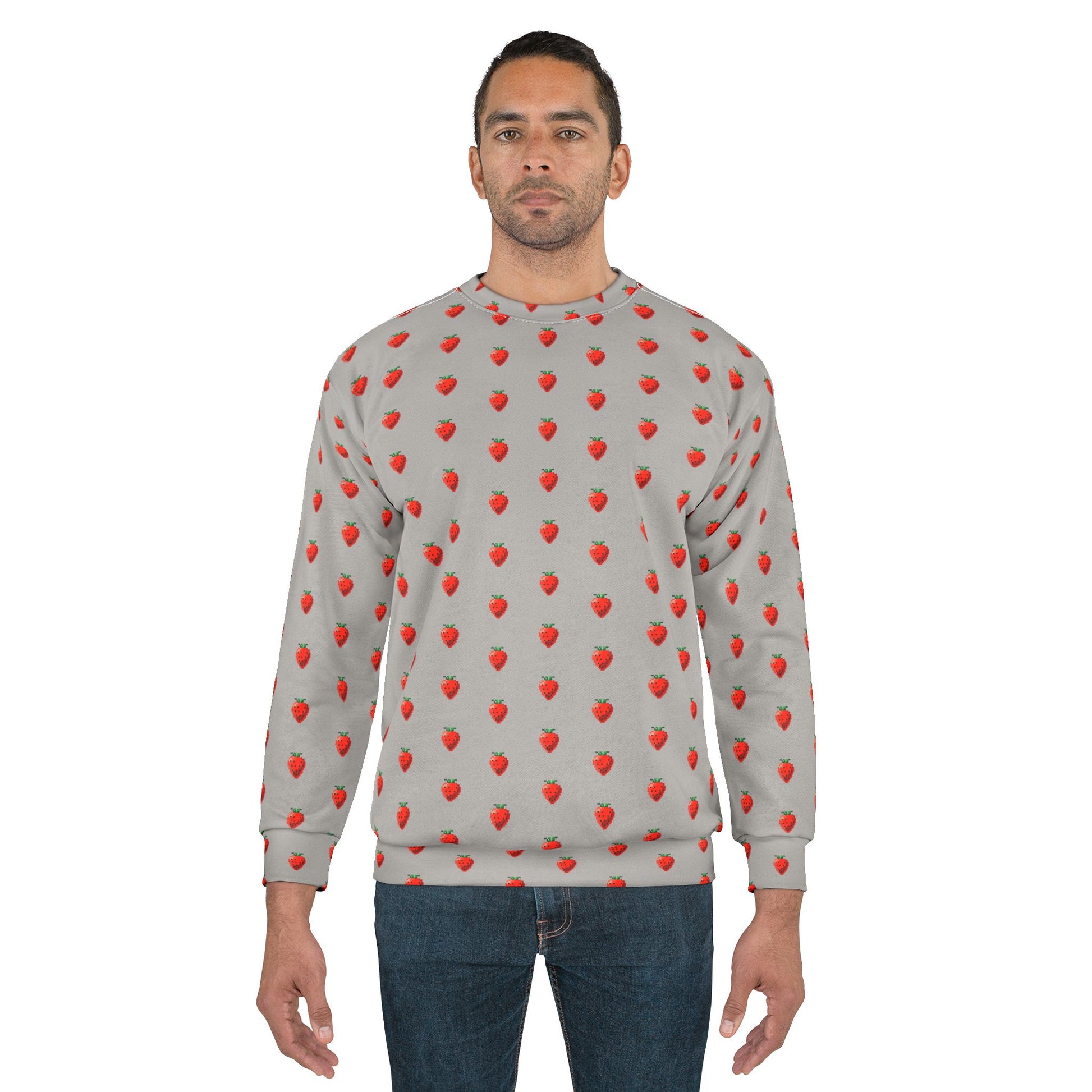 Male model wearing 8-bit Strawberry Sweatshirt with pixel strawberry print