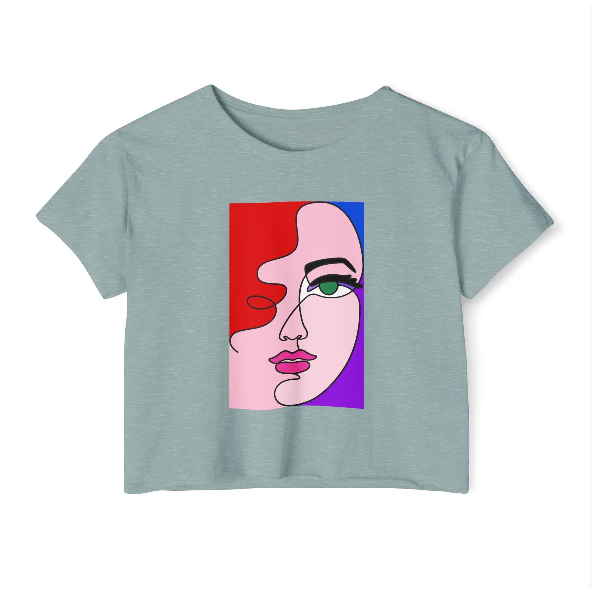 sage green abstract line art women’s graphic crop t-shirt