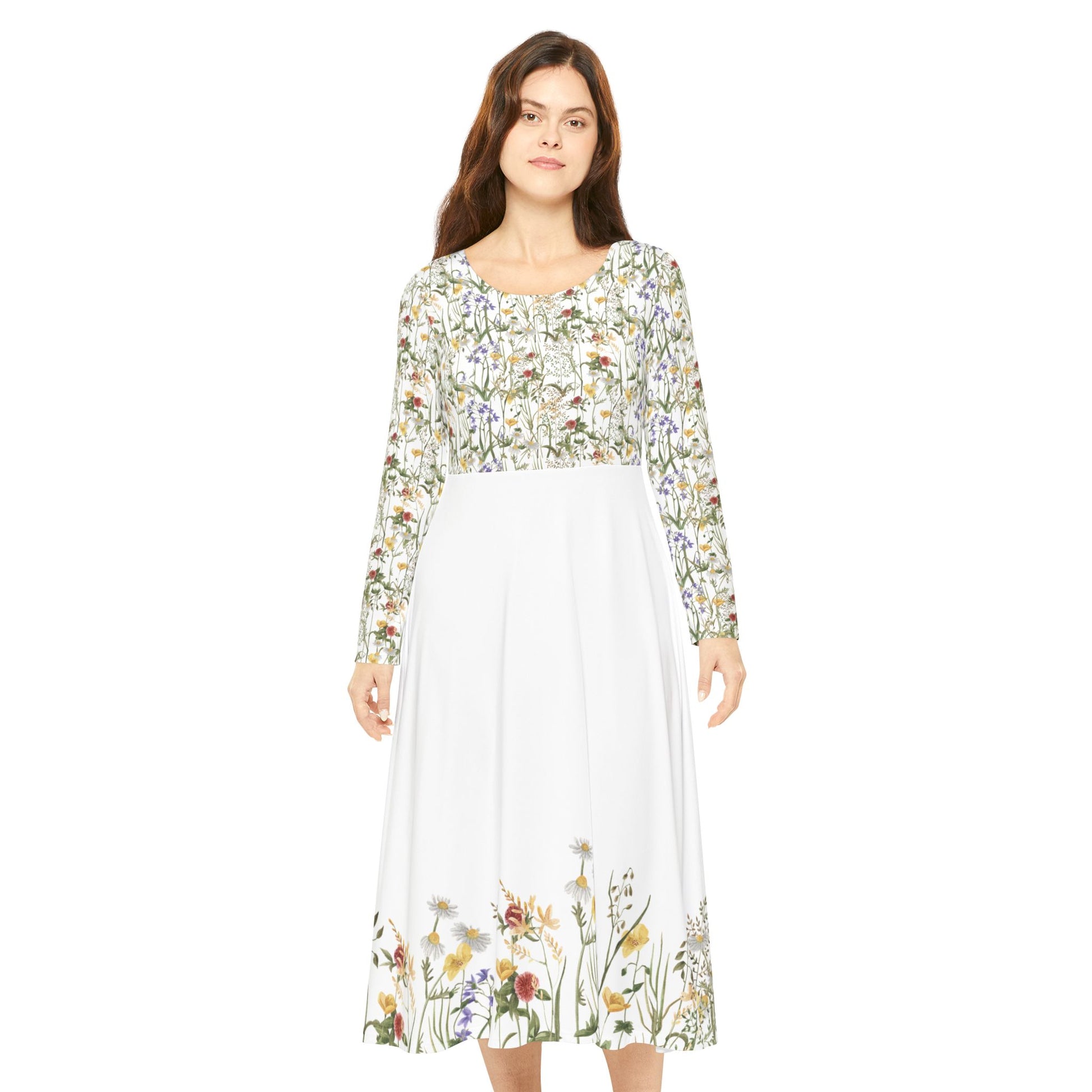 Woman wearing long sleeve floral midi dress with wildflower print

