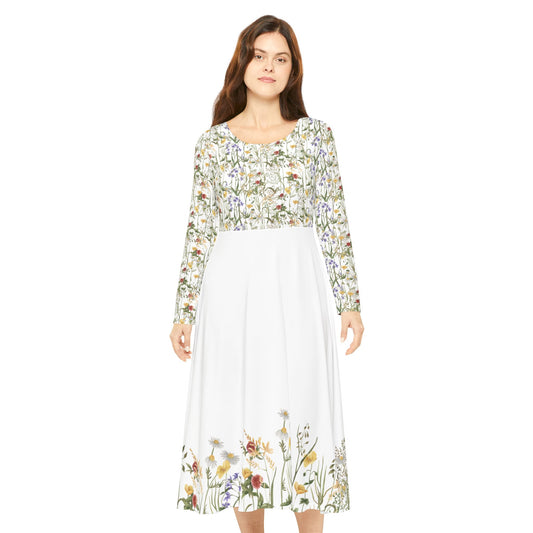 Woman wearing long sleeve floral midi dress with wildflower print

