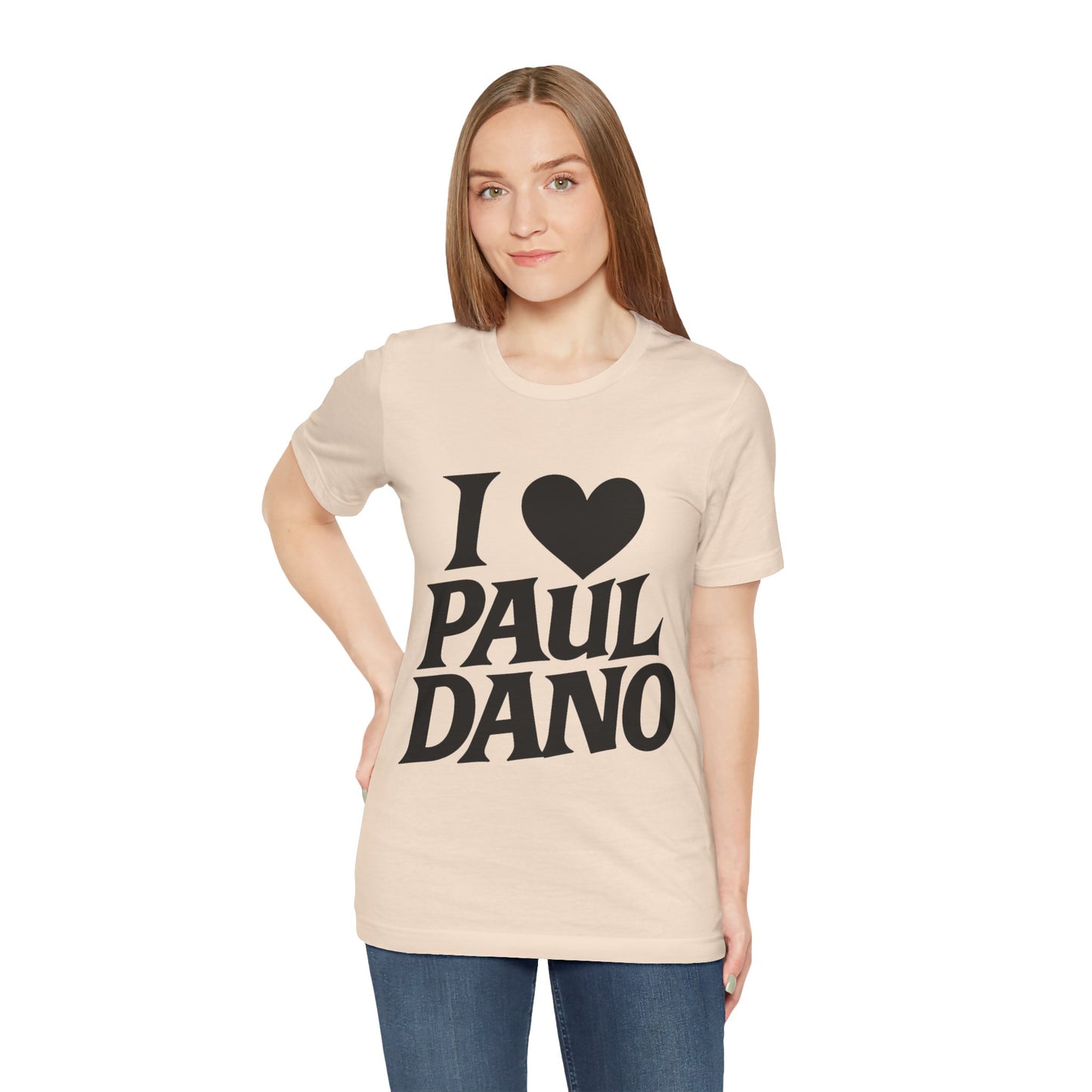 Woman wearing a beige t-shirt with 'I ❤️ PAUL DANO' text on a white background
