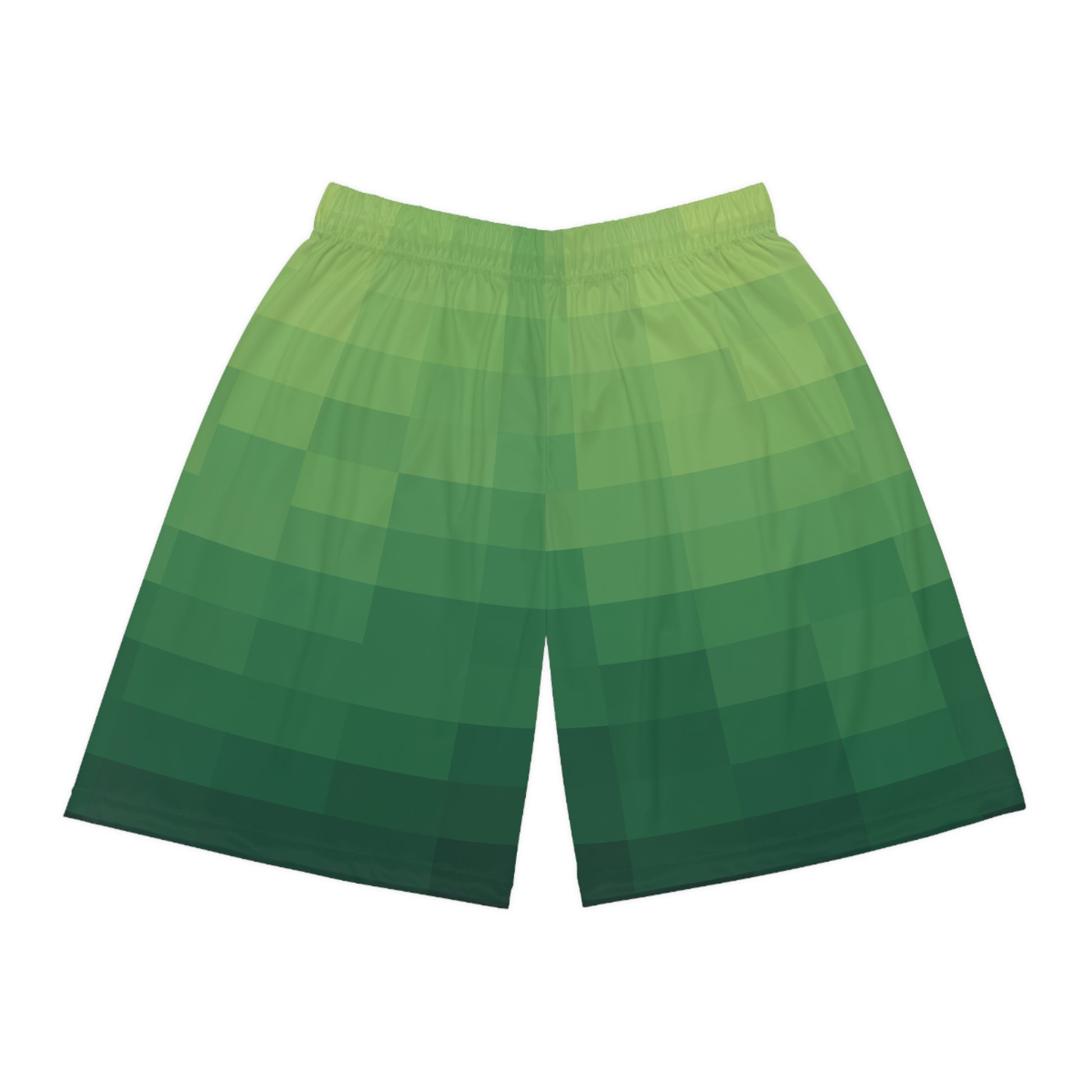 8-bit Green Basketball Shorts flat front view with pixel gradient design