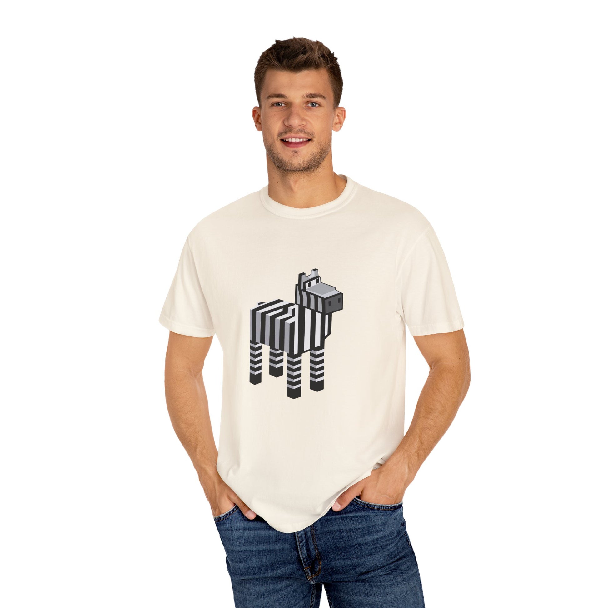 Male model wearing unisex Pixel Zebra T-Shirt in cream