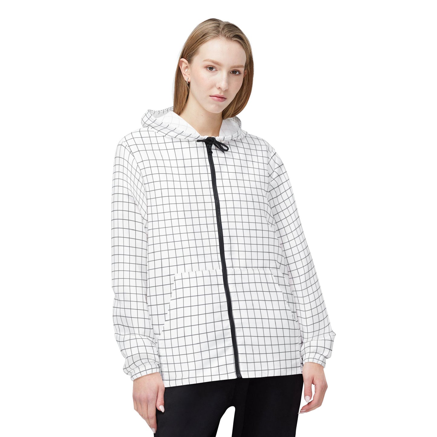 Female model front view wearing Grid Windbreaker Jacket with zipper closed.